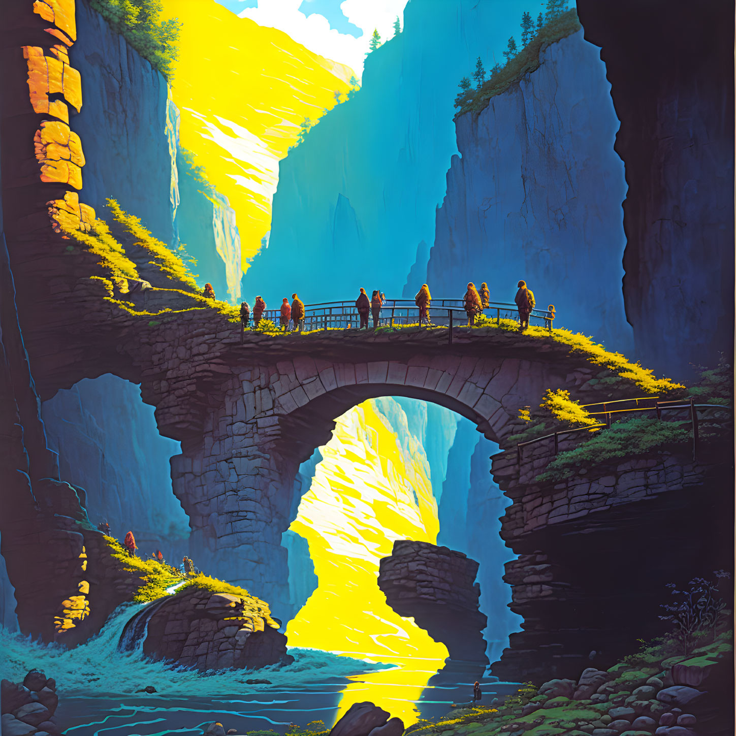 People standing on vibrant stone bridge in sunlit chasm