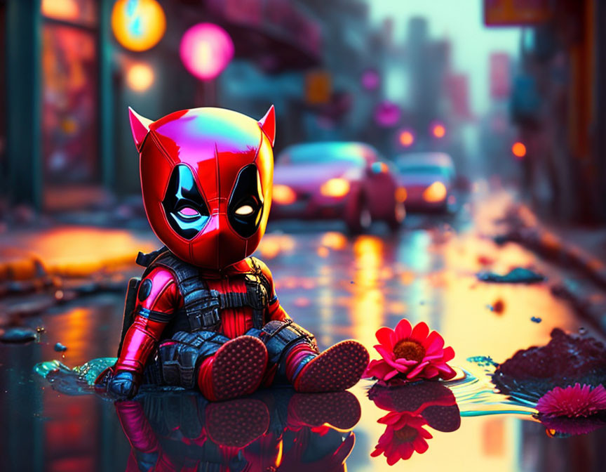 Colorful superhero figure in urban setting with flowers and wet street