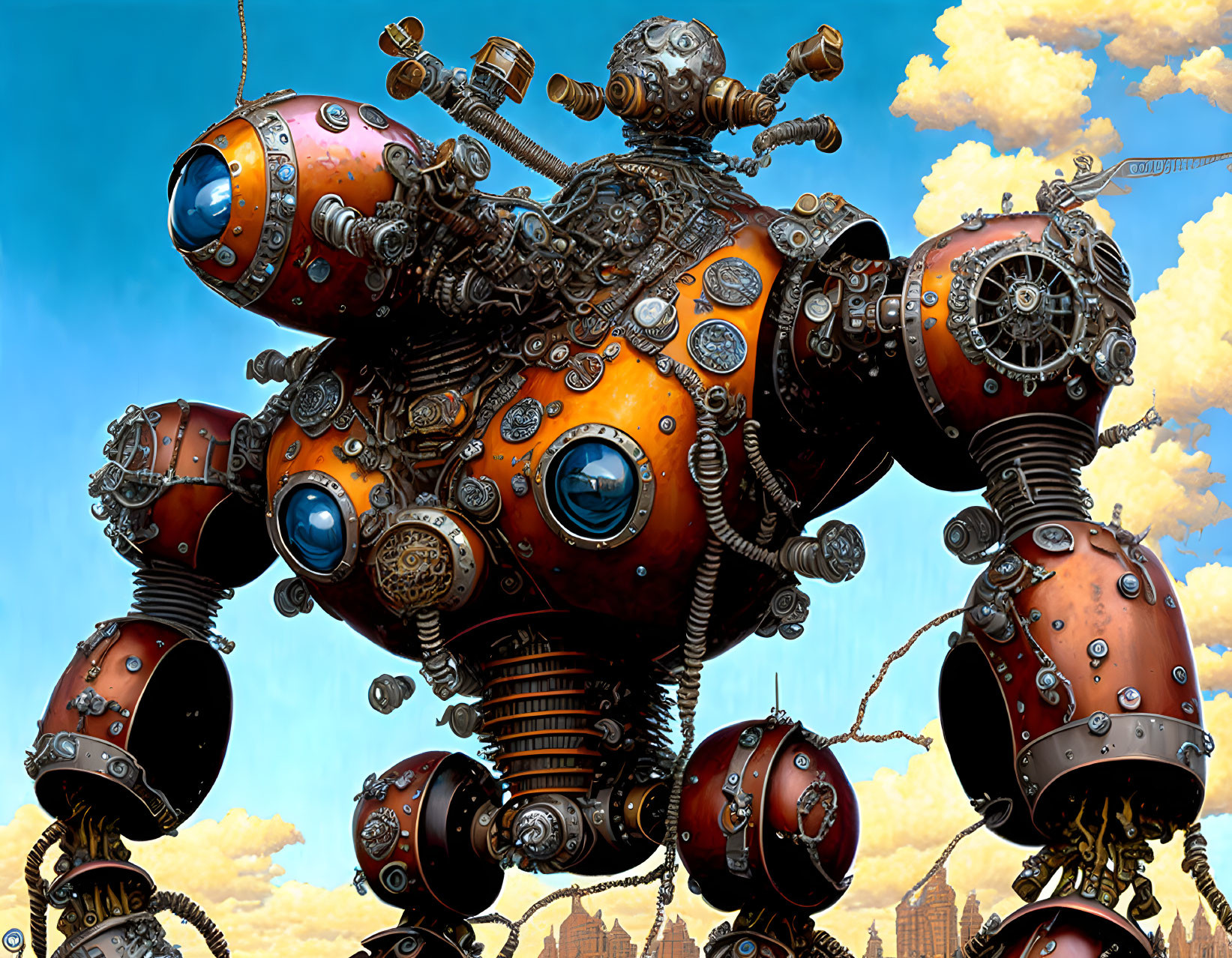 Detailed steampunk-style robot illustration with ornate gears and pipes against a blue sky.