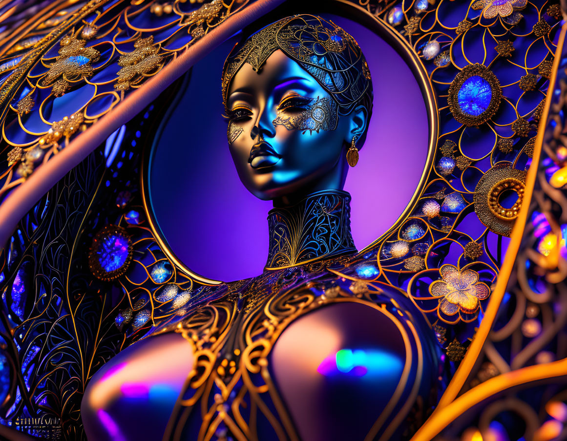 Digital artwork: Female figure with purple skin and golden filigree on blue-purple background