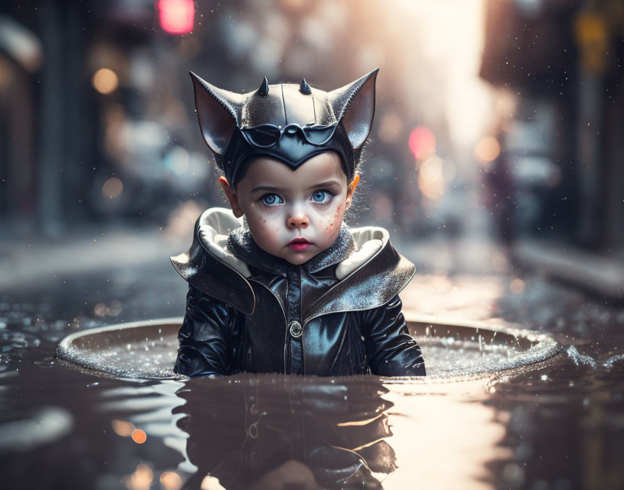 Child in Bat Costume Sitting in Puddle on City Street