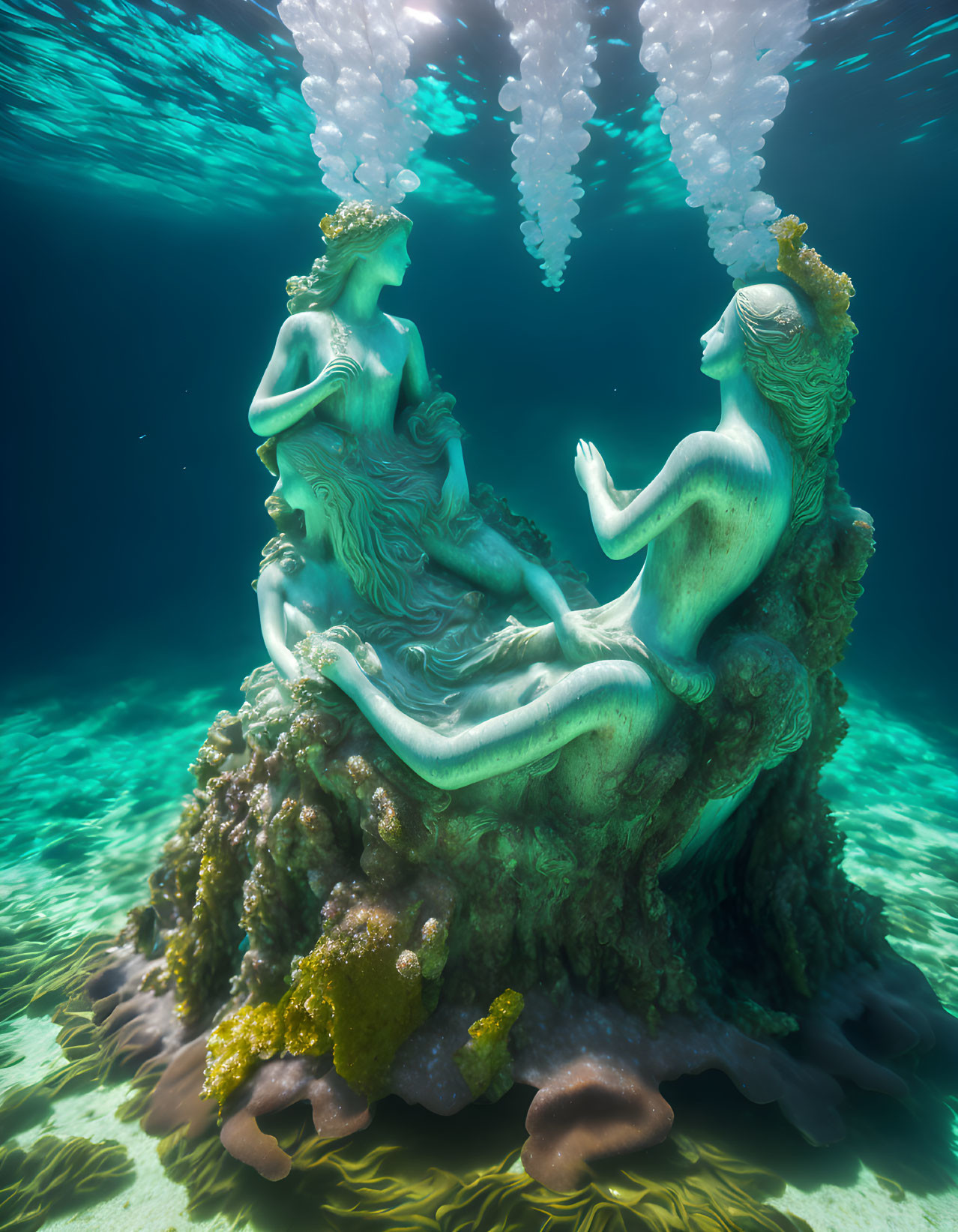 Underwater sculpture: Two mermaids on rock with marine flora, light beams