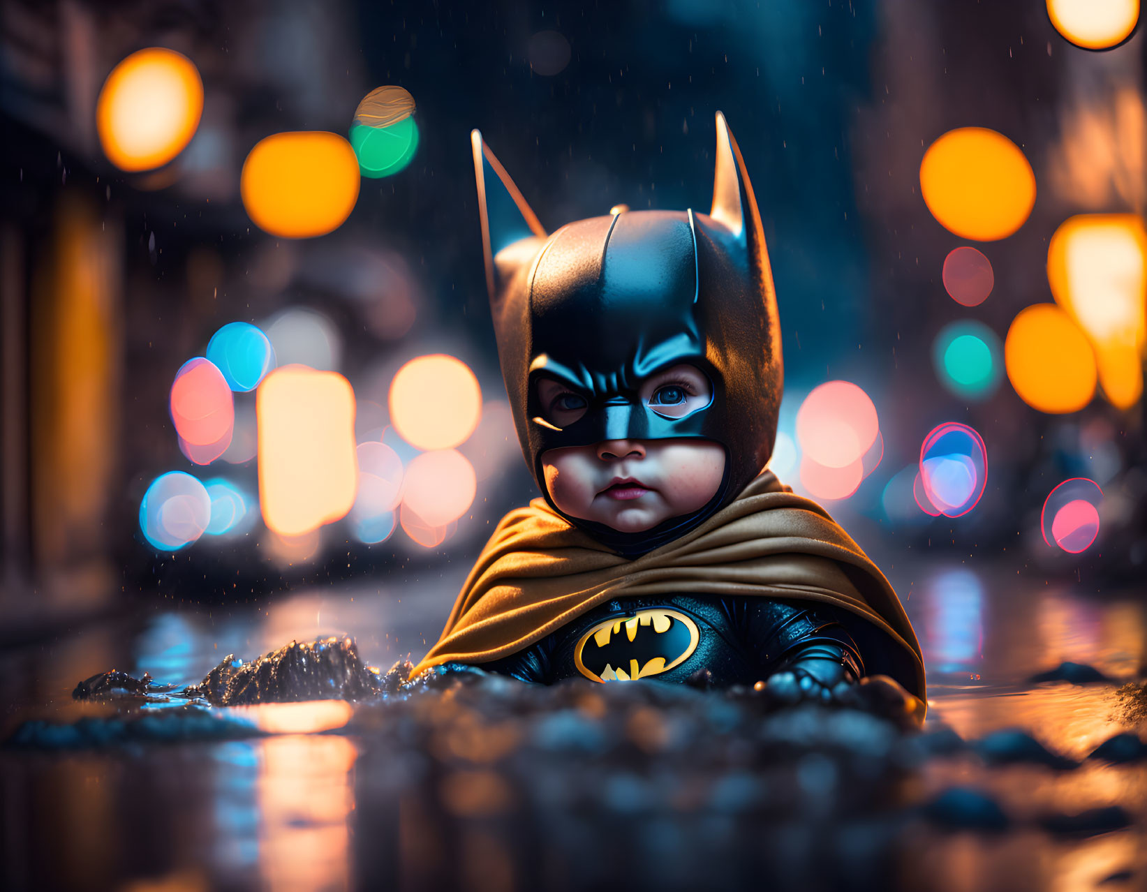 Child in Batman costume with serious expression against night backdrop.