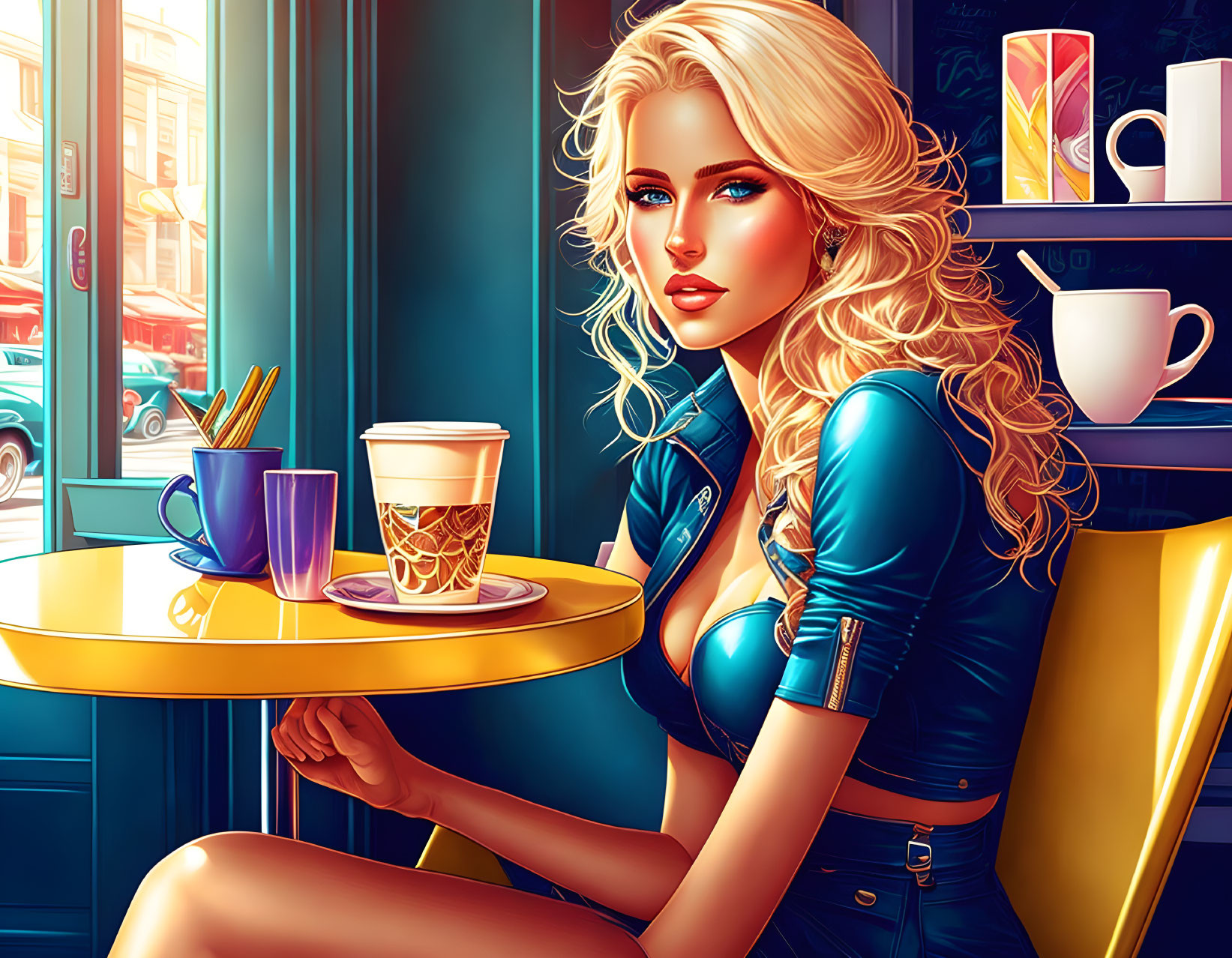 Blonde woman at cafe table with city view