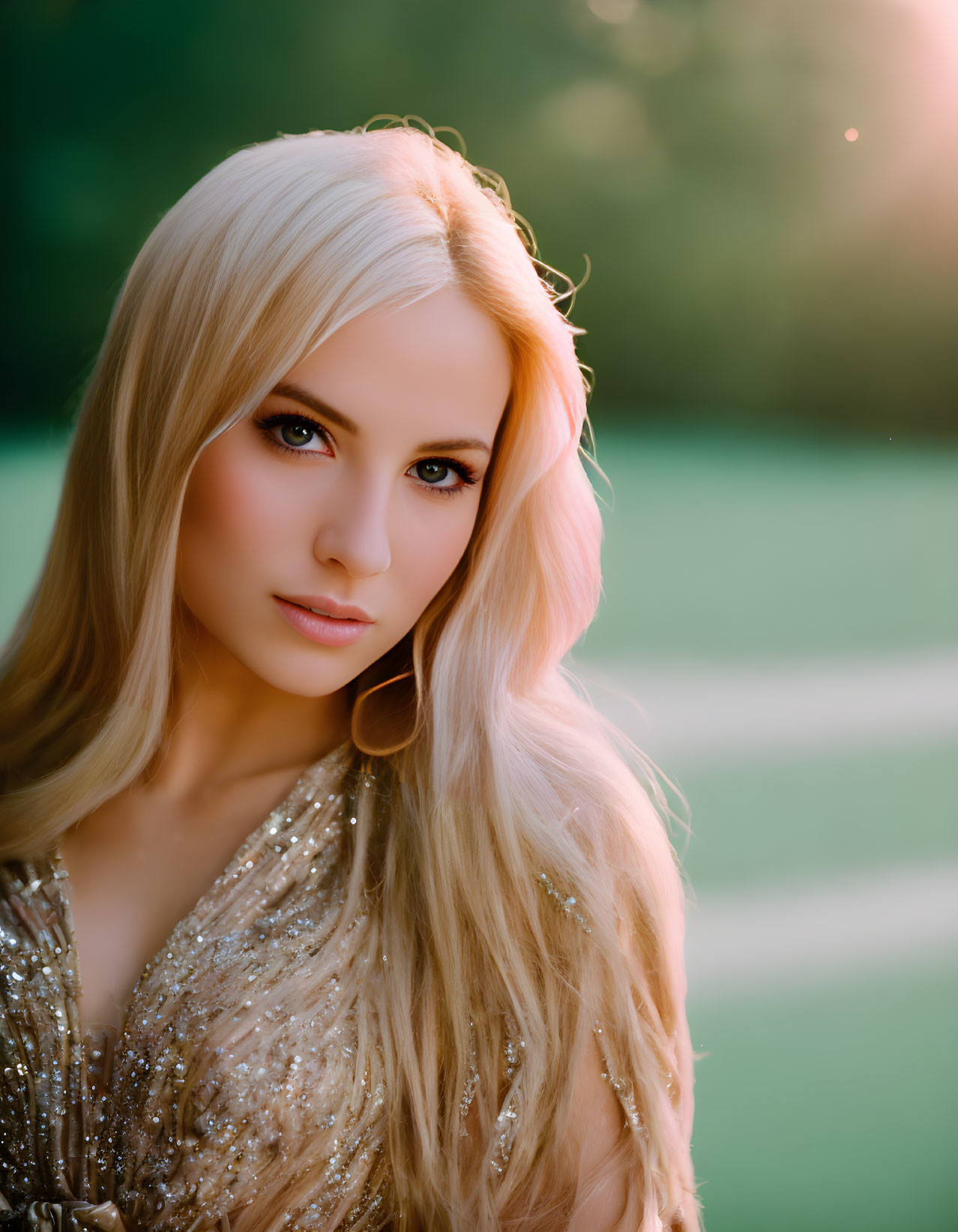 Blonde woman in gold dress against green background