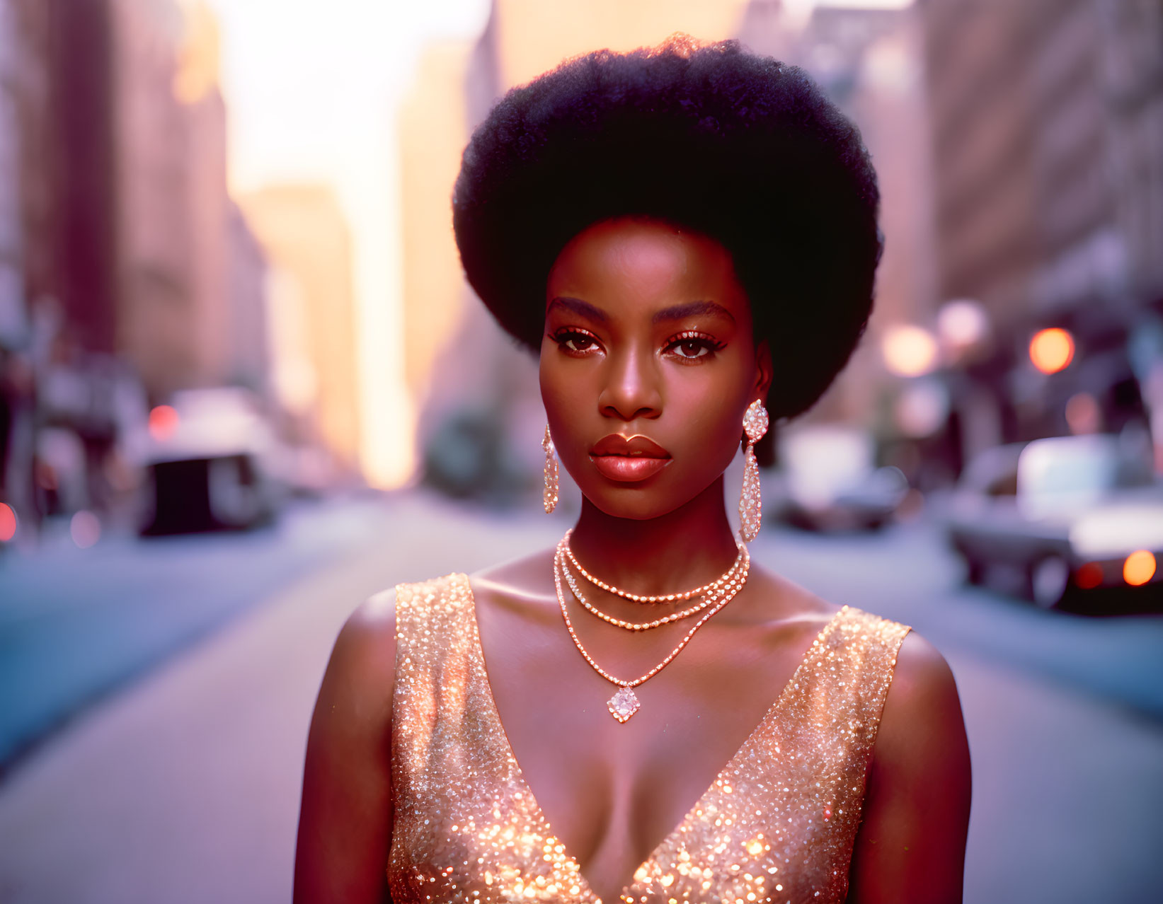 Woman with large afro in elegant gown and earrings on city street at dusk