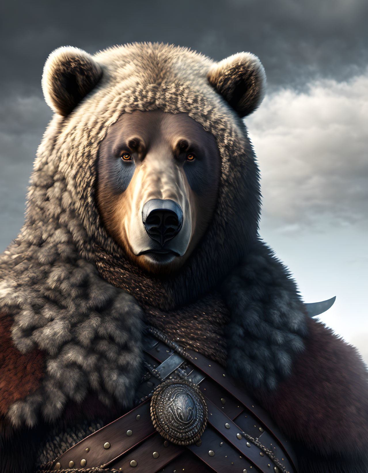 Medieval anthropomorphic bear in armor under cloudy sky