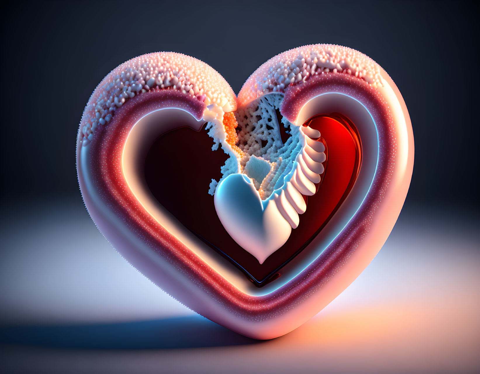 Detailed 3D conceptual heart-shaped object with cracked outer layer and metallic inner structure