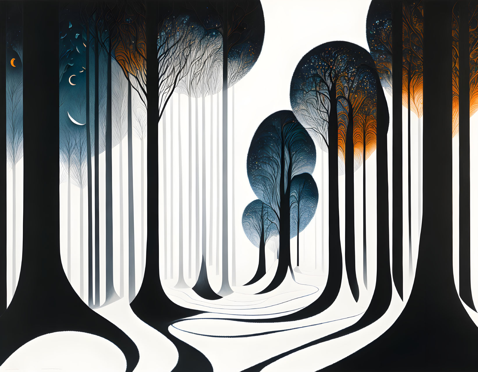 Stylized forest with curved trees, gradient colors, crescent moons, whimsical quality