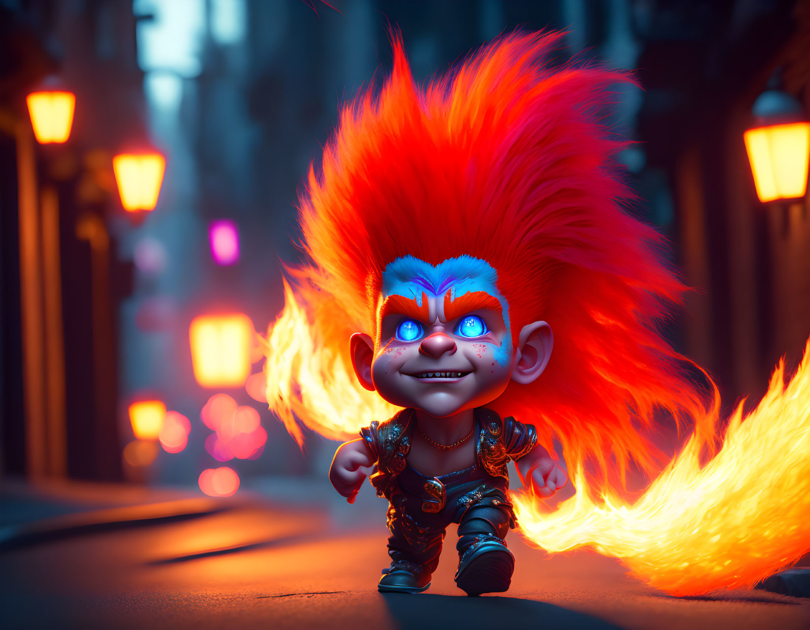 Vibrant illustration of troll-like character with red hair and blue eyes in alley