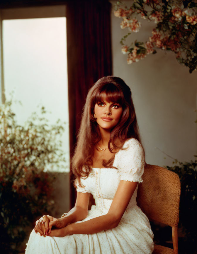 Woman with Bangs in White Lace Dress Sitting by Window