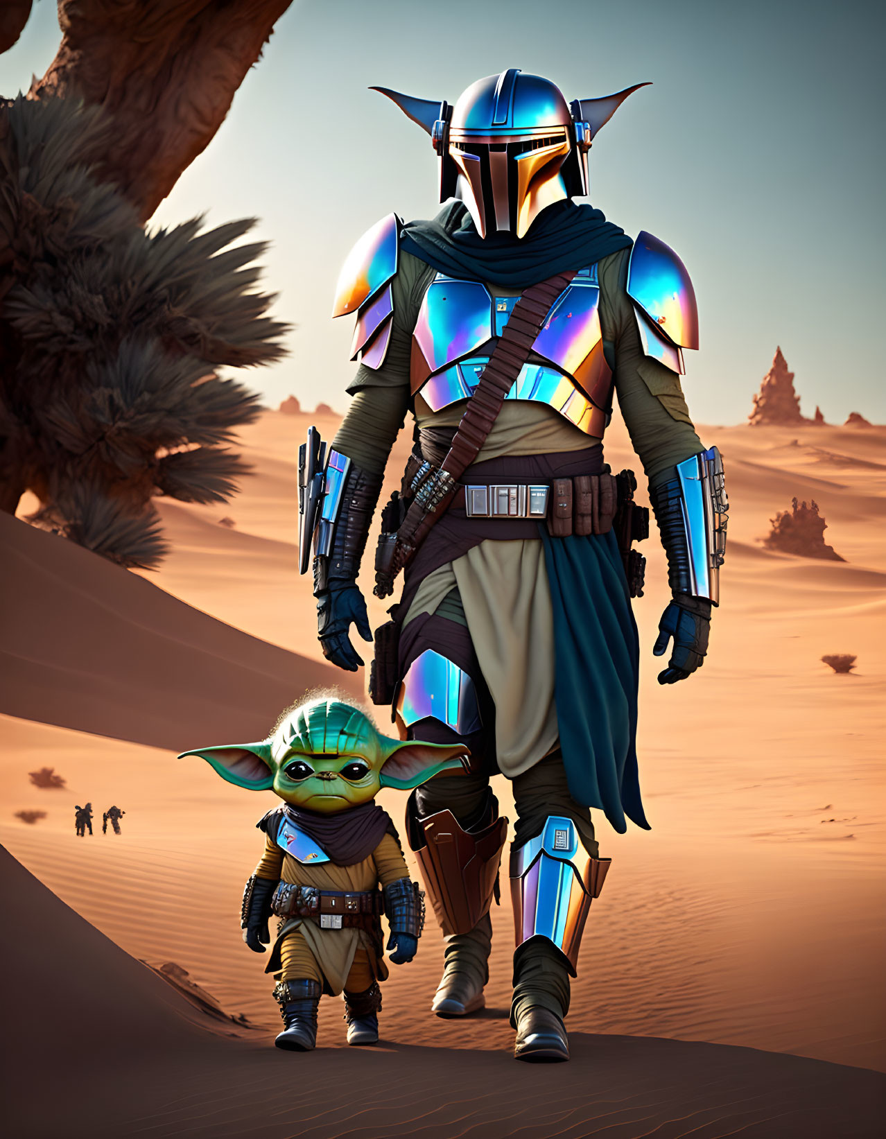 Futuristic armored character with green alien in desert landscape