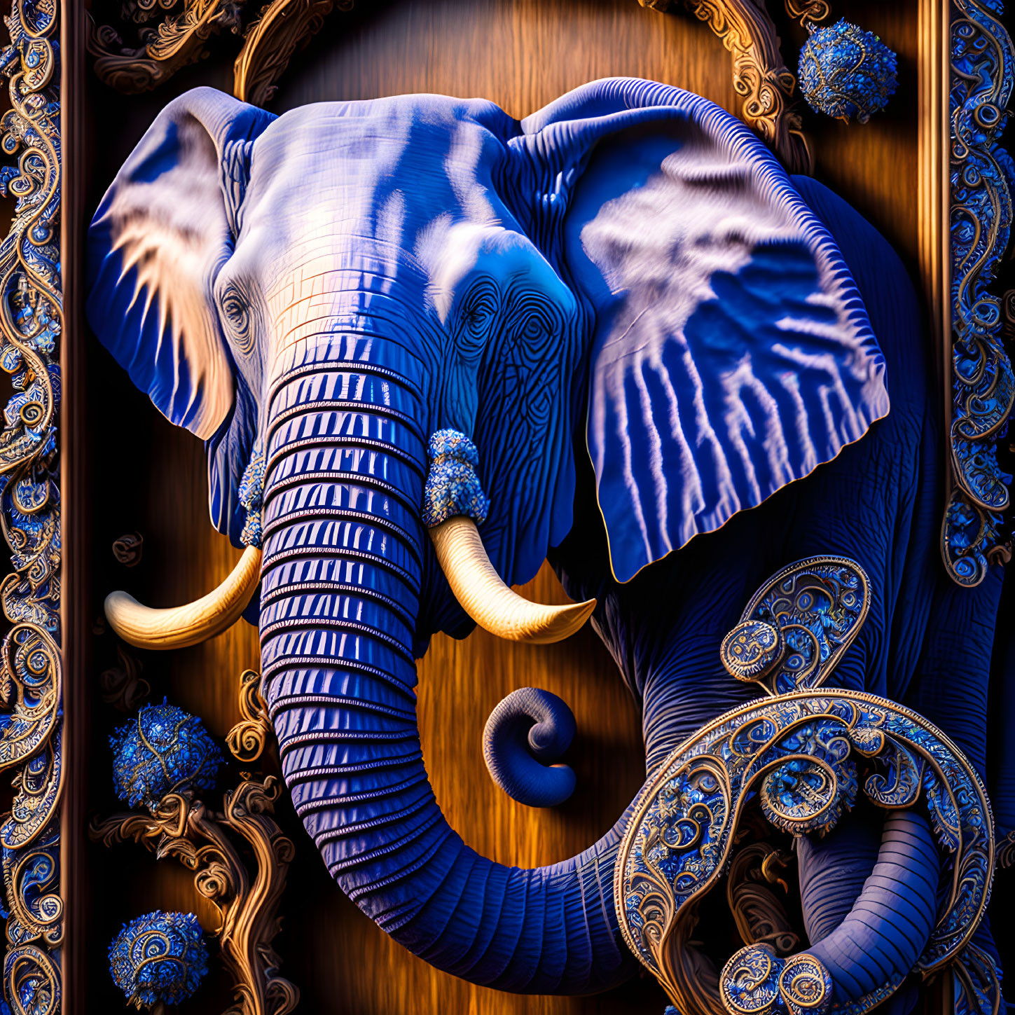 Stylized blue elephant with golden tusks on wooden background