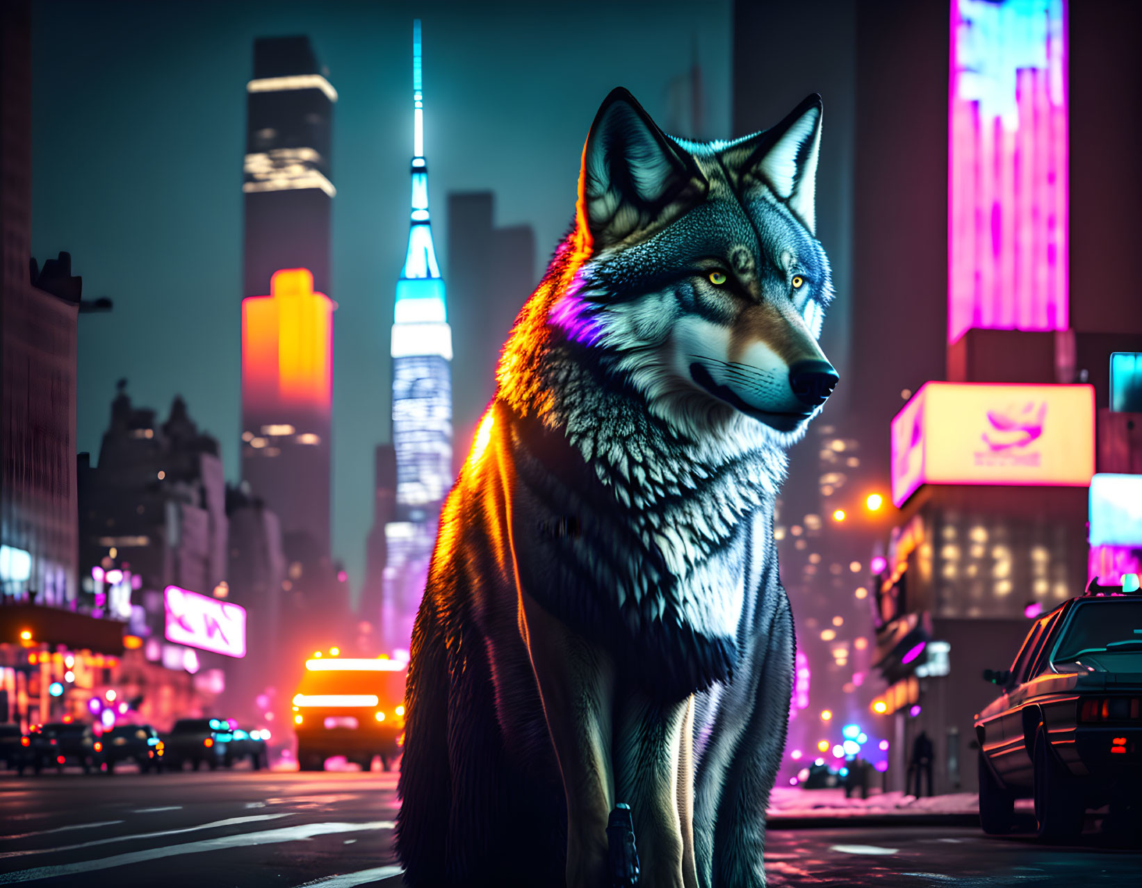 Digital artwork of a wolf in a neon-lit cityscape