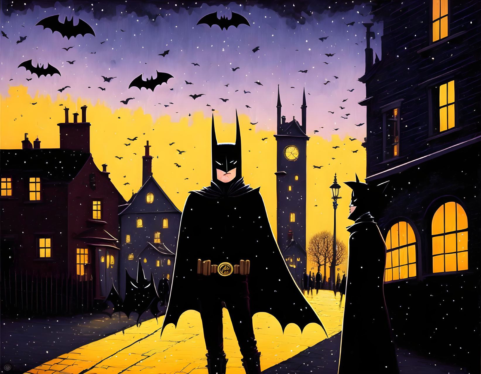 Dark Knight and mysterious figure on cobblestone street at dusk with bats and cityscape.