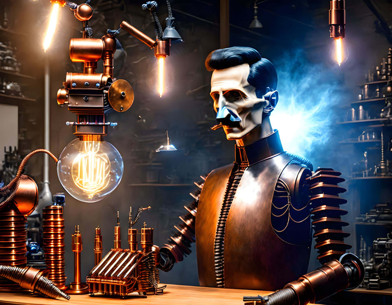 Stylized robot in workshop with mechanical tools and smoking pipe