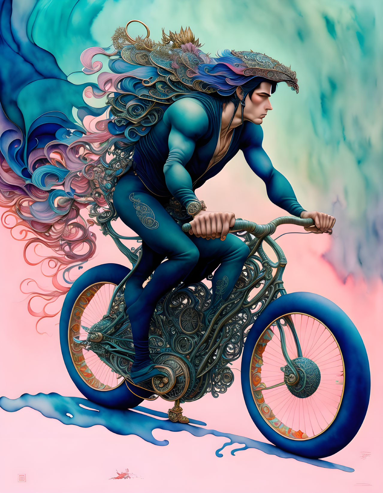 Fantastical figure on decorative bike amidst vibrant pink and teal clouds