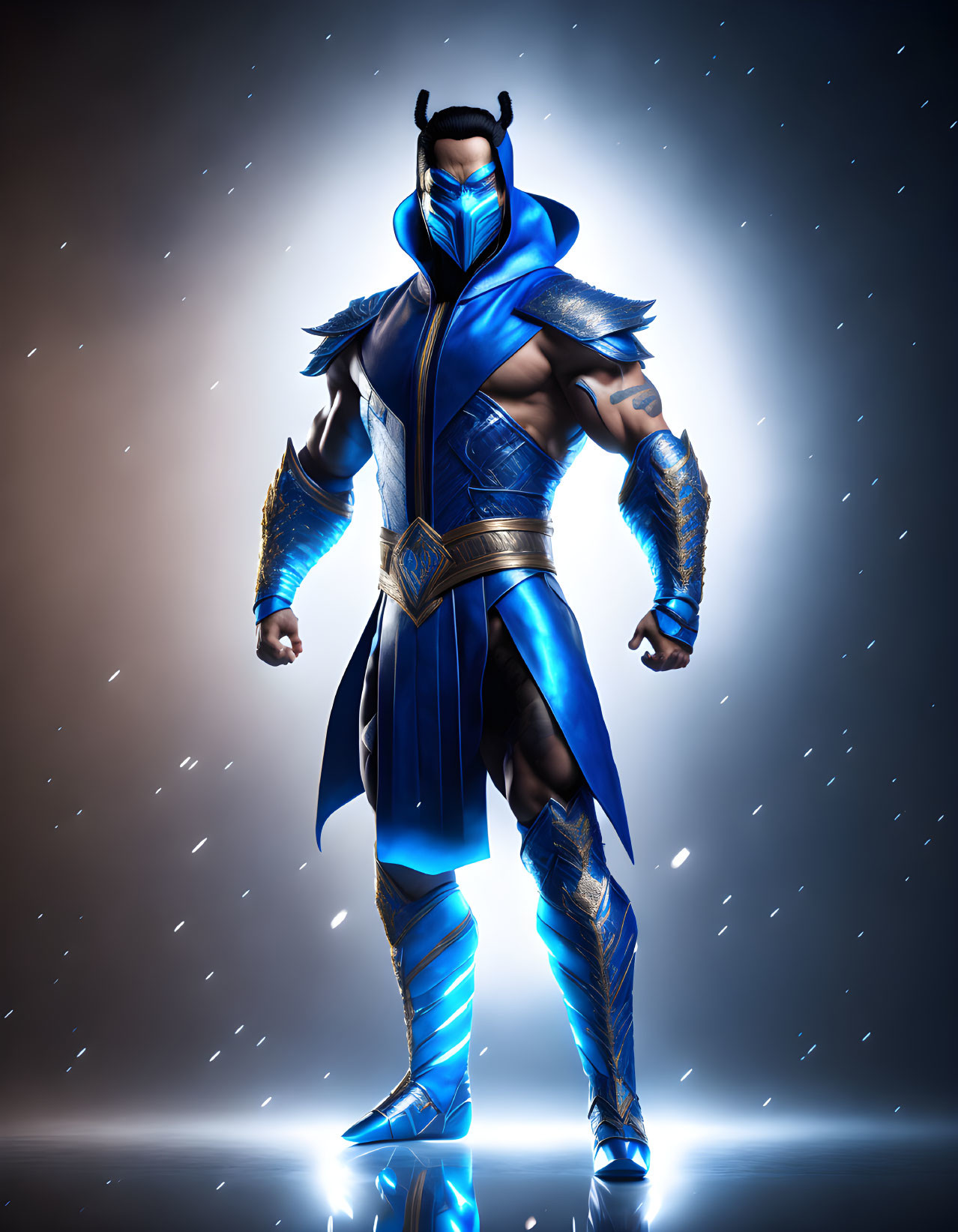 Blue and Gold Ninja Character with Glowing Arm Guards on Sparkling Background