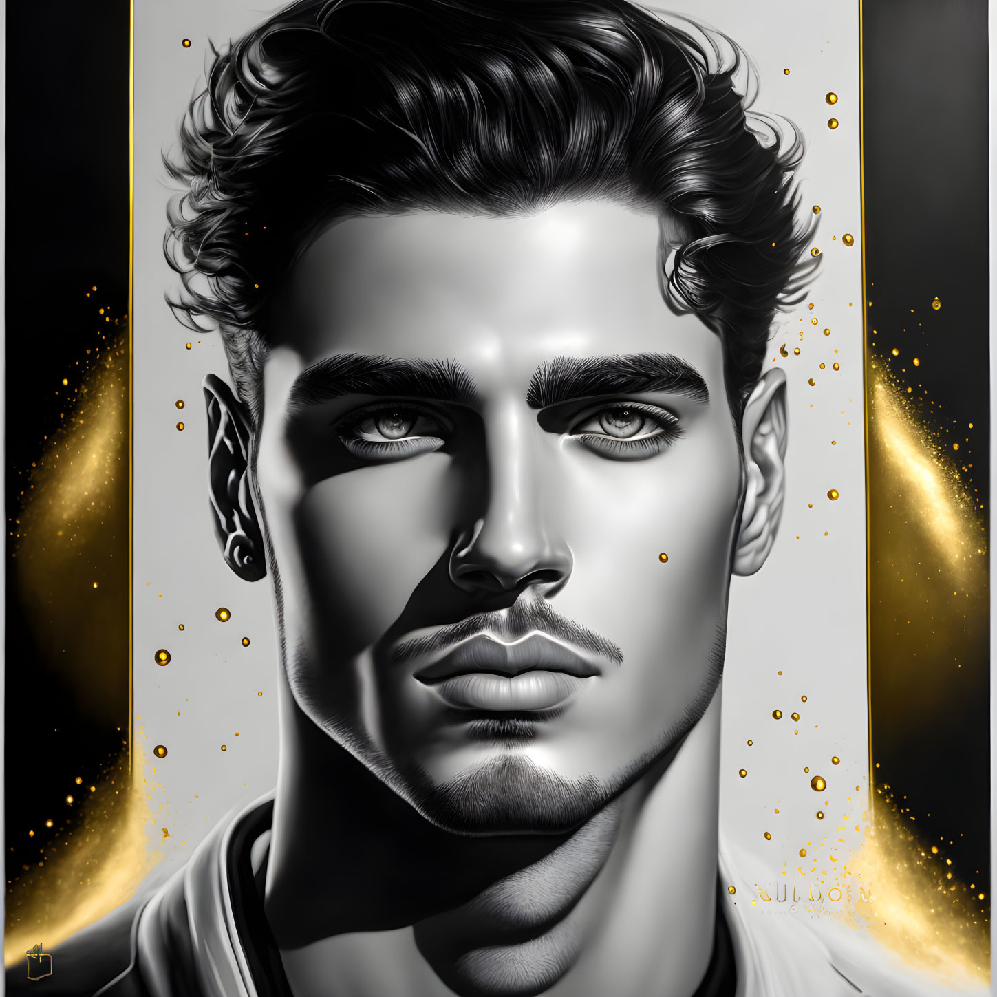 Monochromatic hyper-realistic portrait of a man with curly hair and gold accents