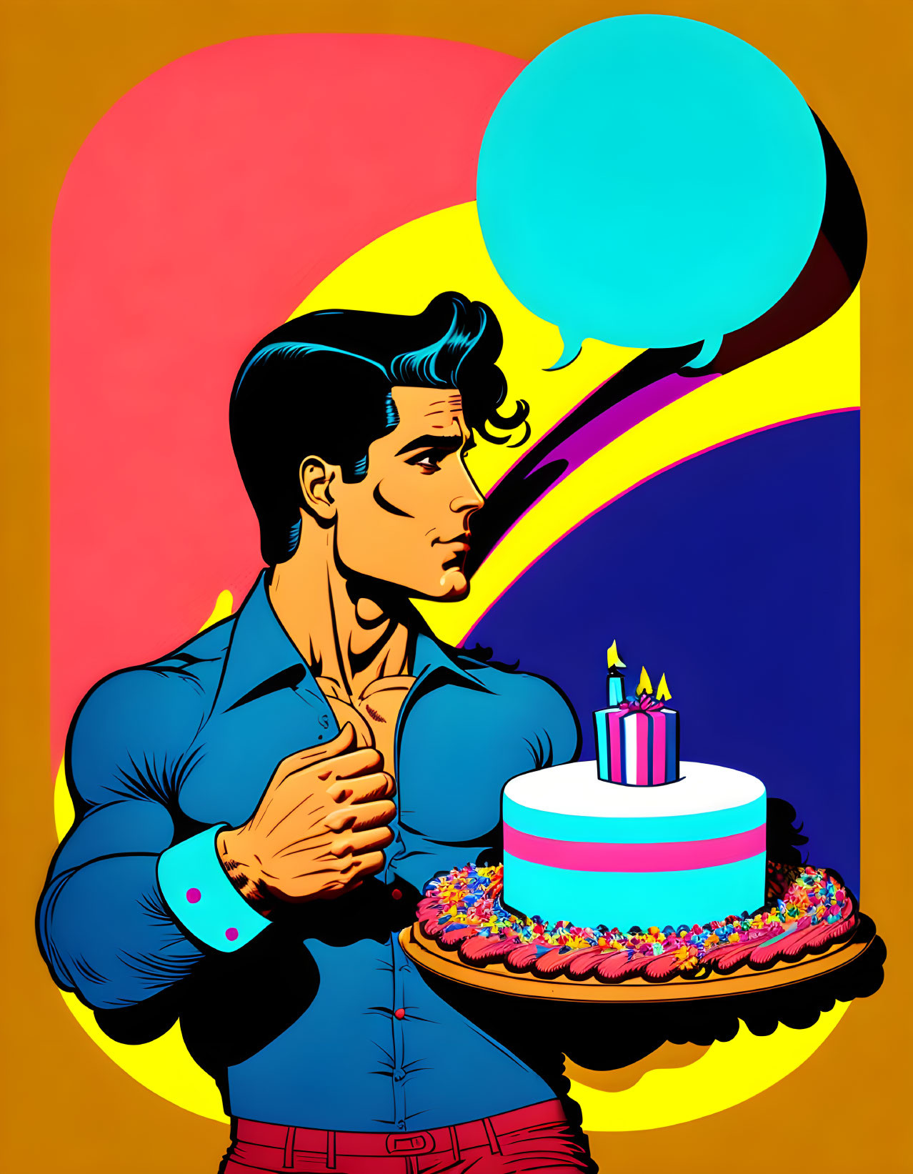 Pop Art Style Illustration: Muscular Man with Birthday Cake and Speech Bubble