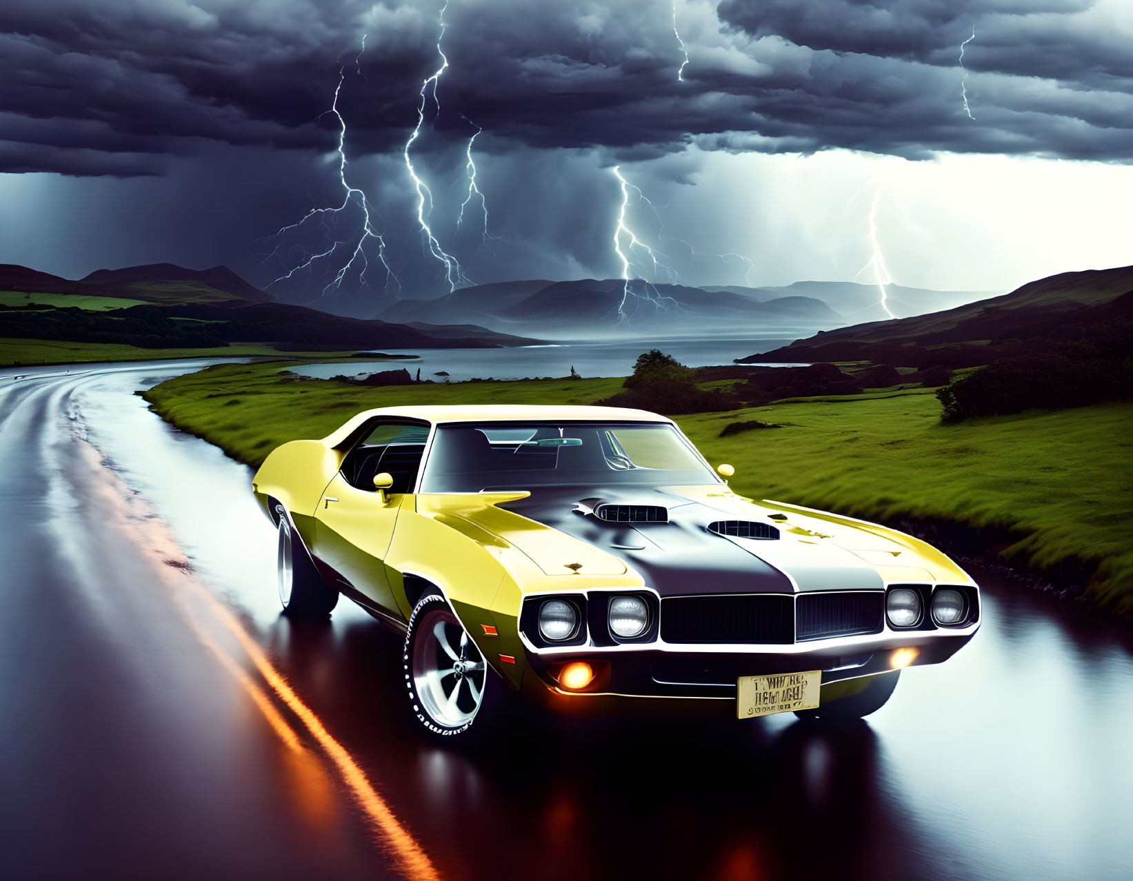 Yellow Muscle Car Parked on Wet Road with Stormy Mountain Backdrop