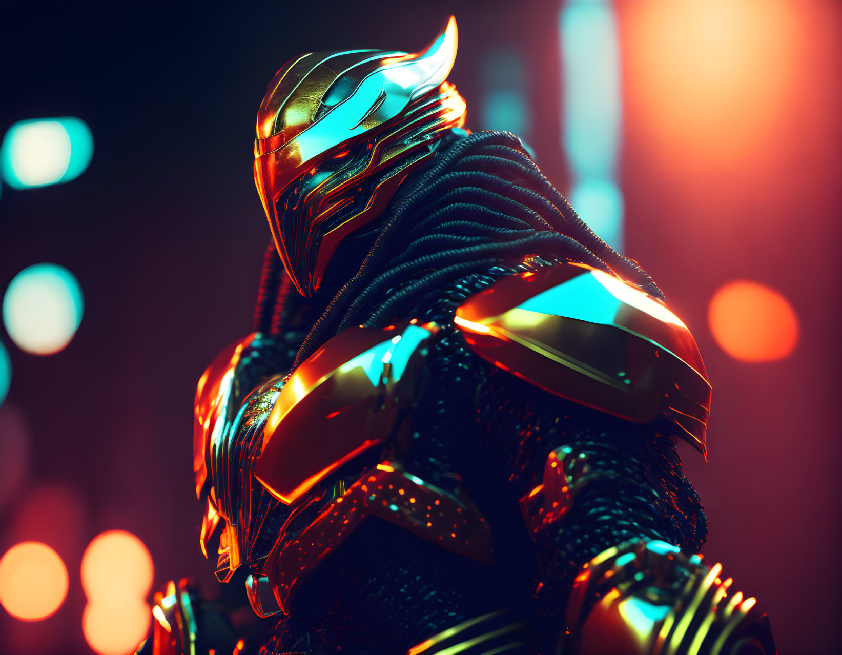 Futuristic armored figure with reflective helmet in neon-lit setting