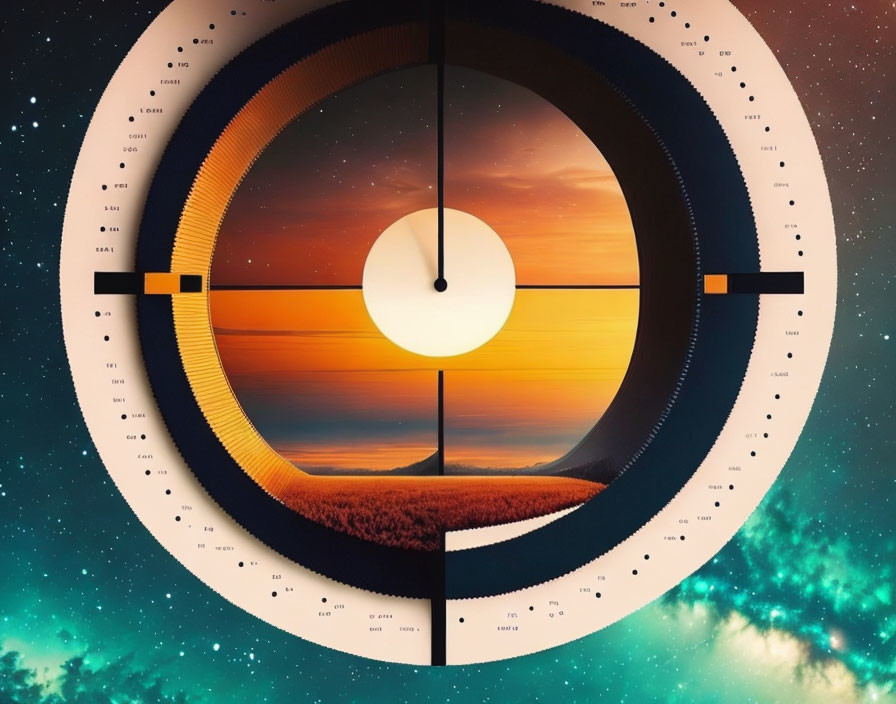 Circular Landscape Transition Graphic with Clock Motif and Cosmic Background