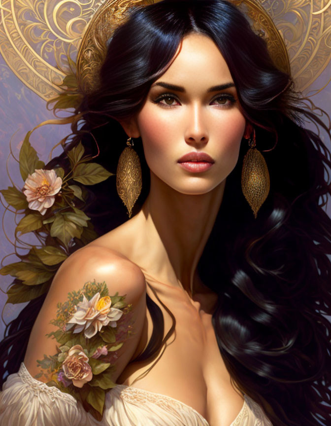 Detailed Digital Portrait of Woman with Long Dark Hair and Striking Brown Eyes