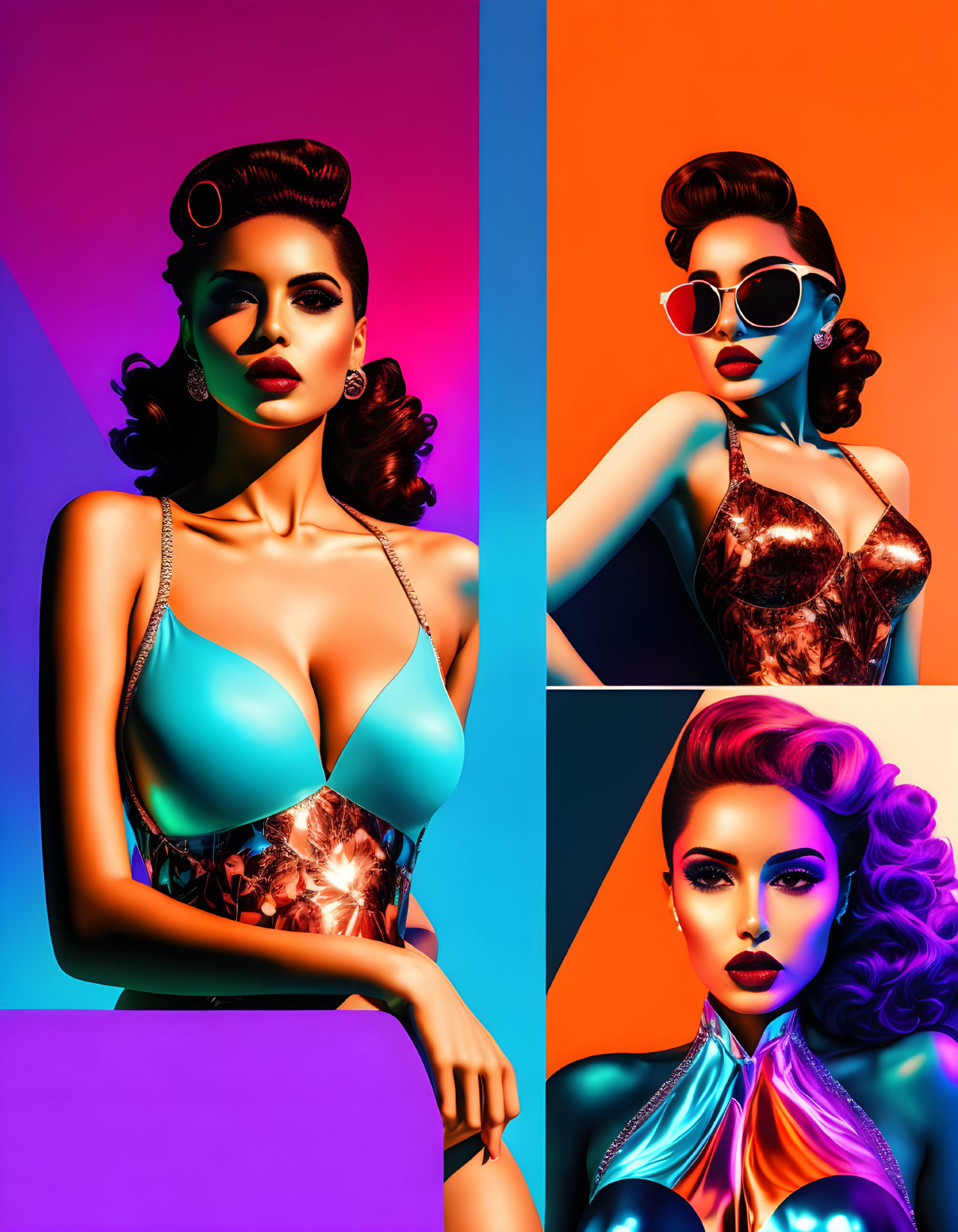 Vibrant Stylized Woman Portraits in Retro-Futuristic Fashion