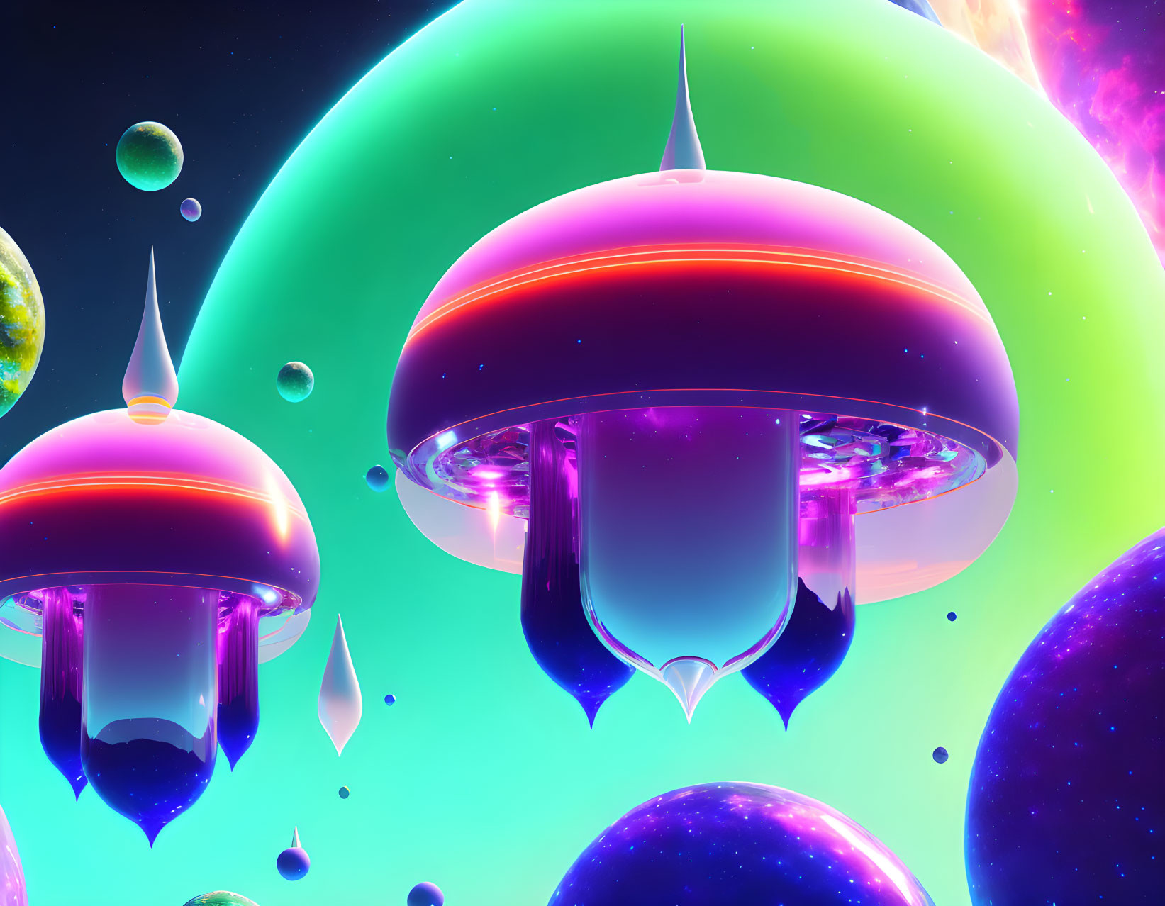 Colorful Sci-Fi Scene: Floating Alien Structures and Planets