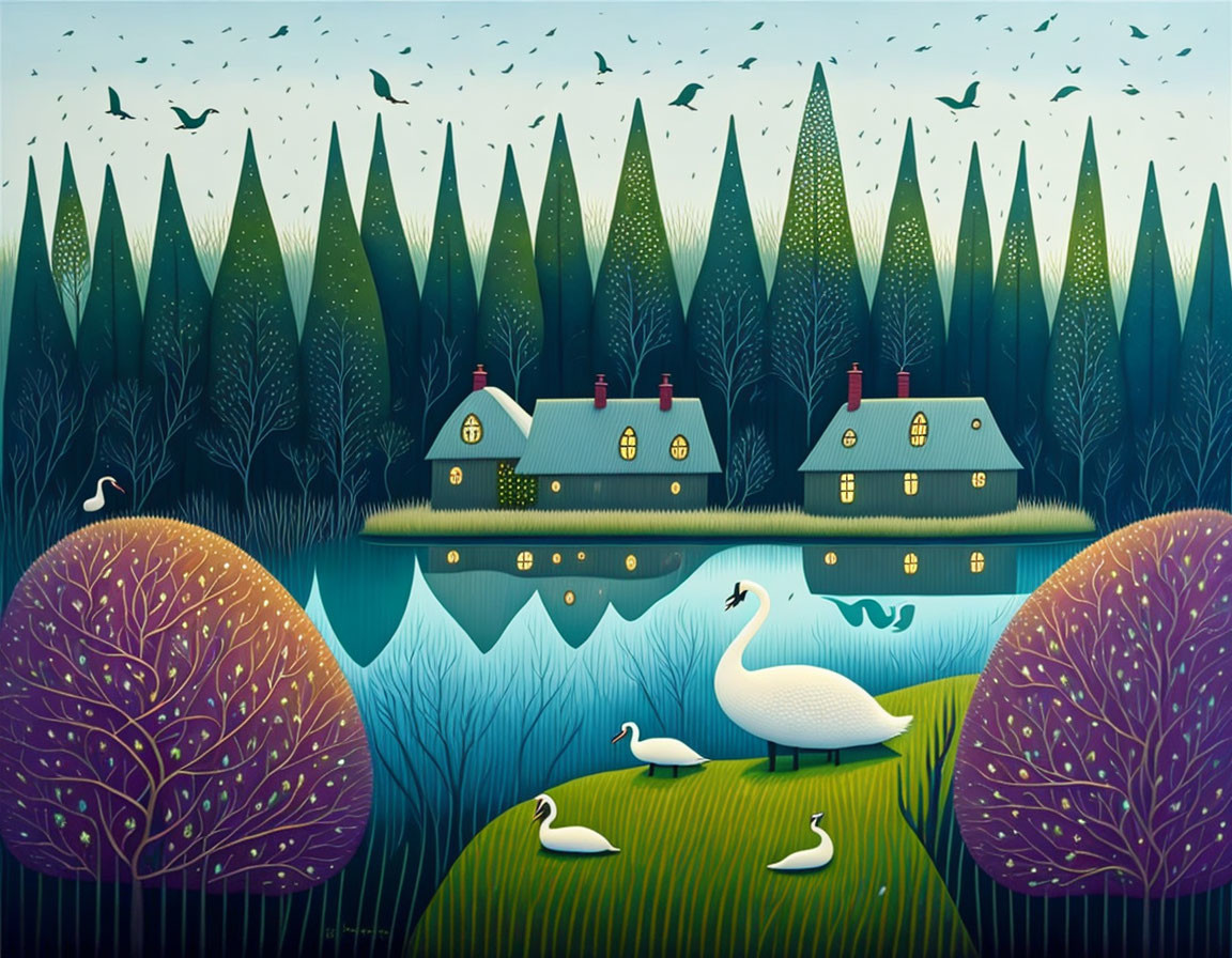 Lakeside twilight scene with swans, lit houses, and starry sky