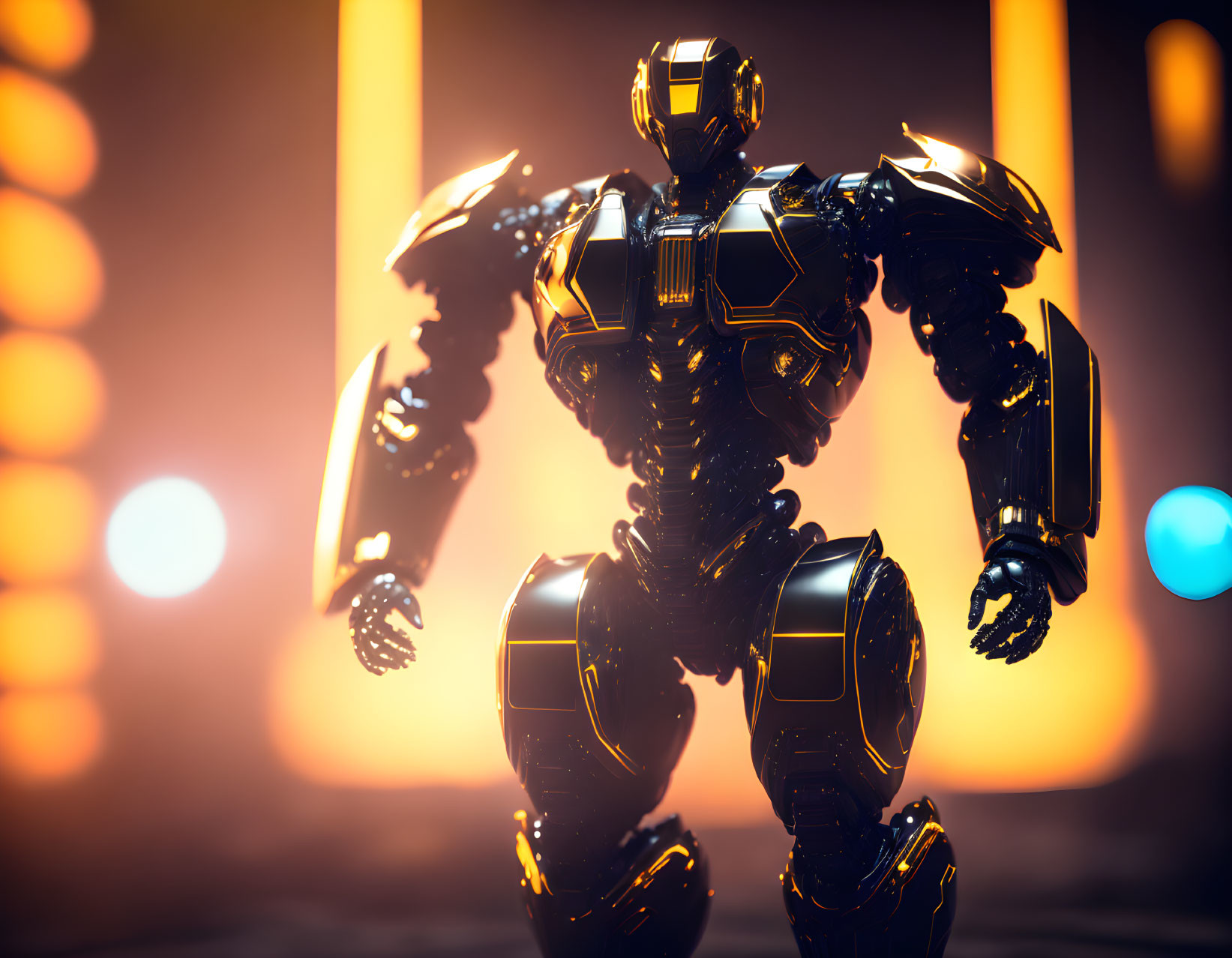 Futuristic armored robot in black and yellow with glowing orange lights