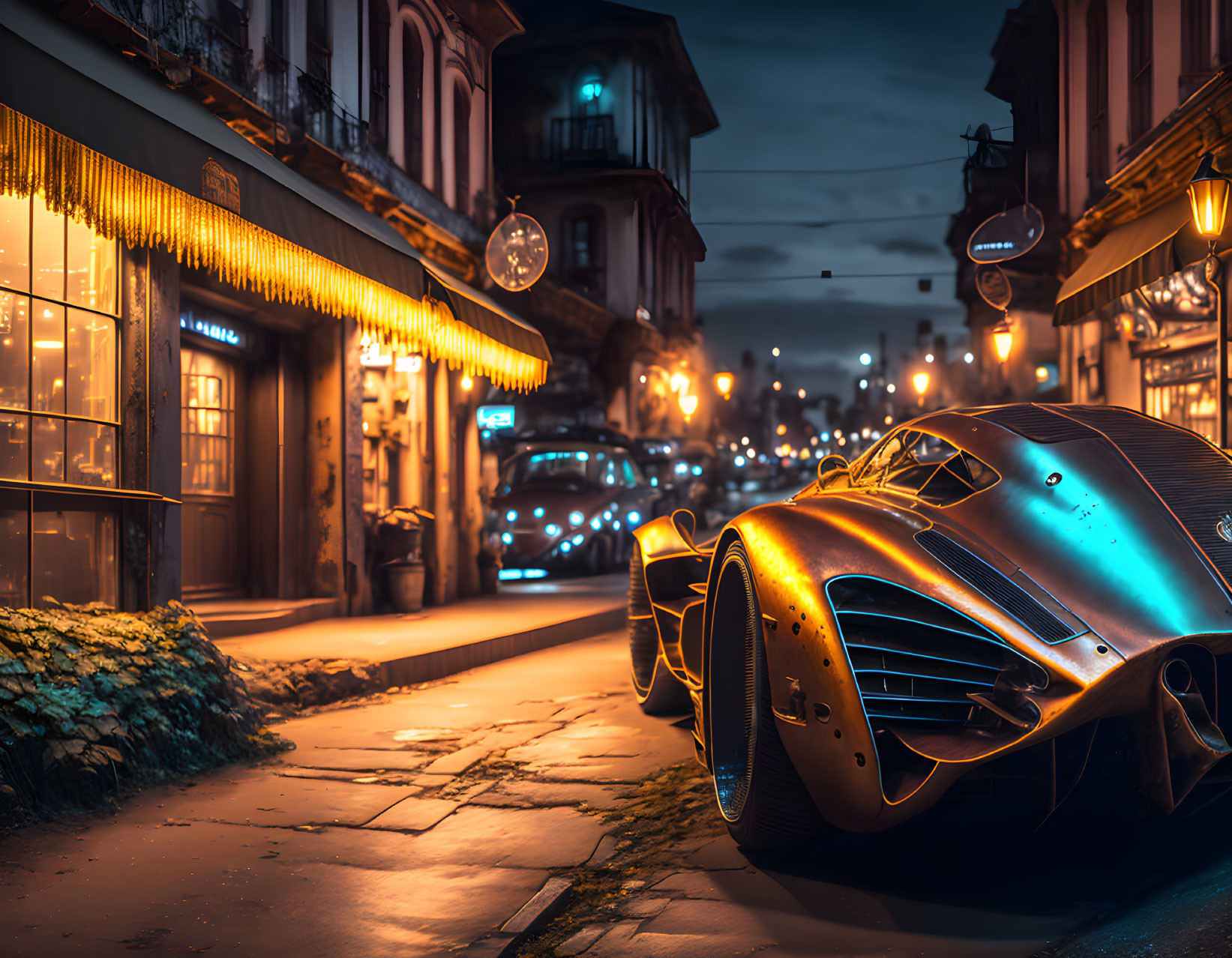 Futuristic car parked on cobblestone street at night