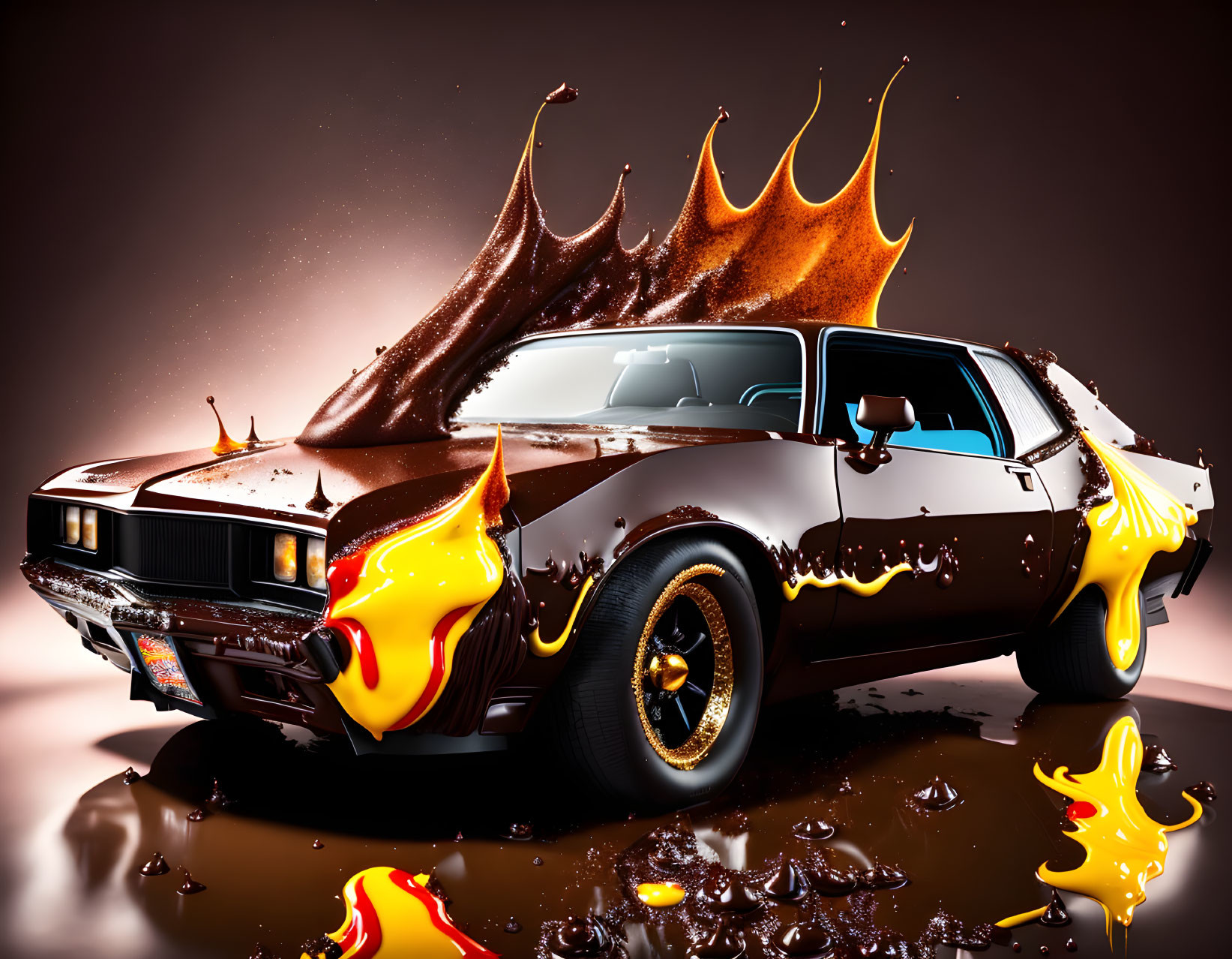 Vintage Car with Chocolate and Flame Paint Job on Brown Background