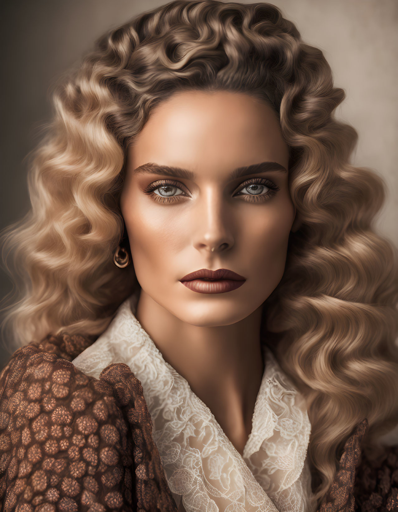 Portrait of woman with voluminous curly hair, striking eyes, dark lipstick, lace blouse, and pattern