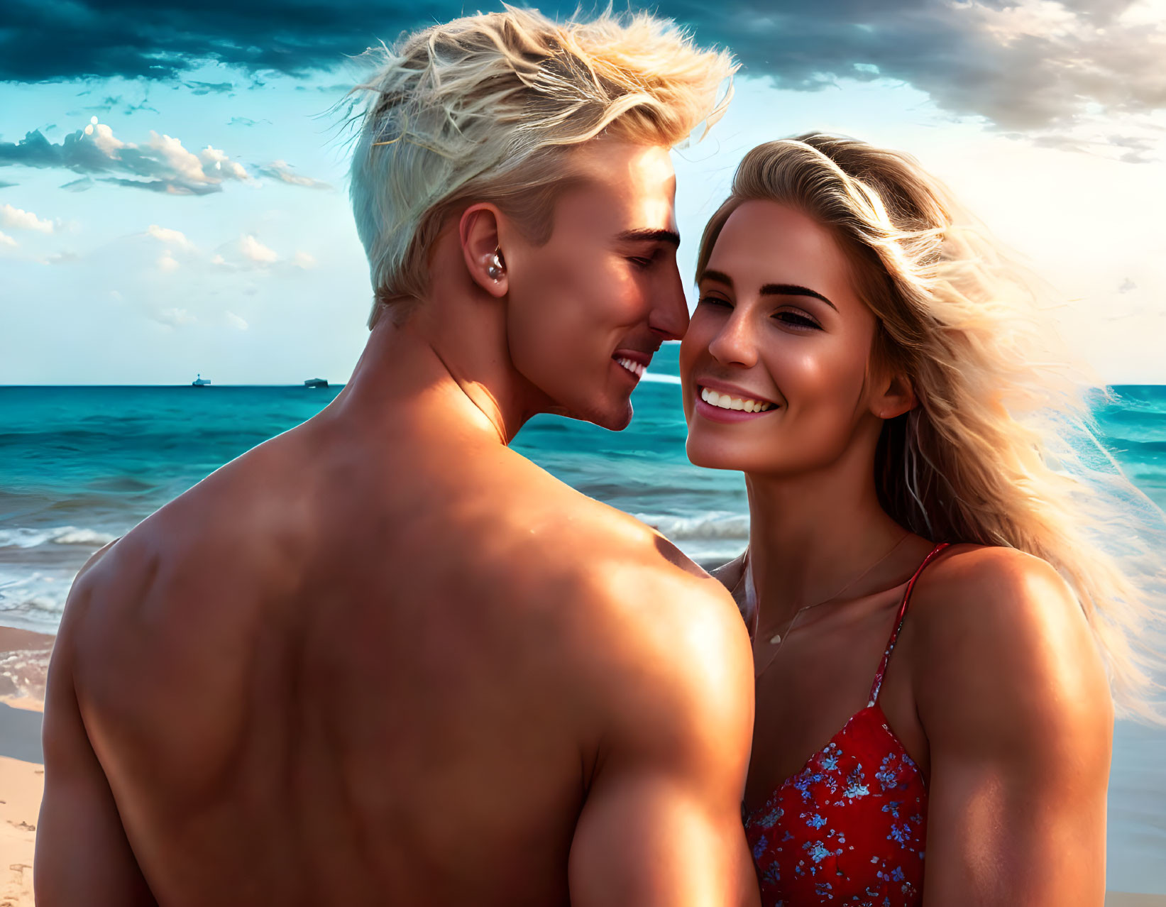 Smiling couple on beach with windswept hair