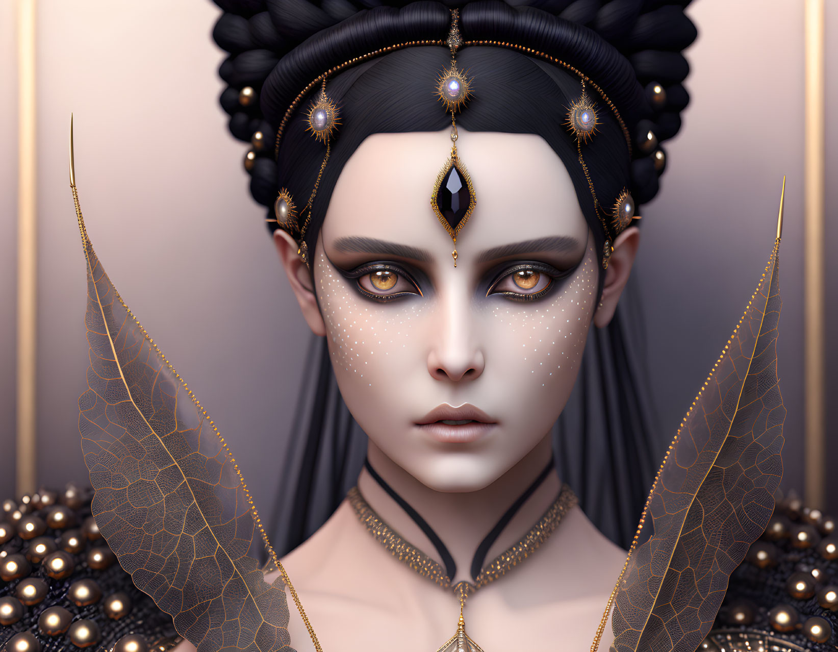 Portrait of Woman with Gold and Black Head Jewelry and Dramatic Makeup