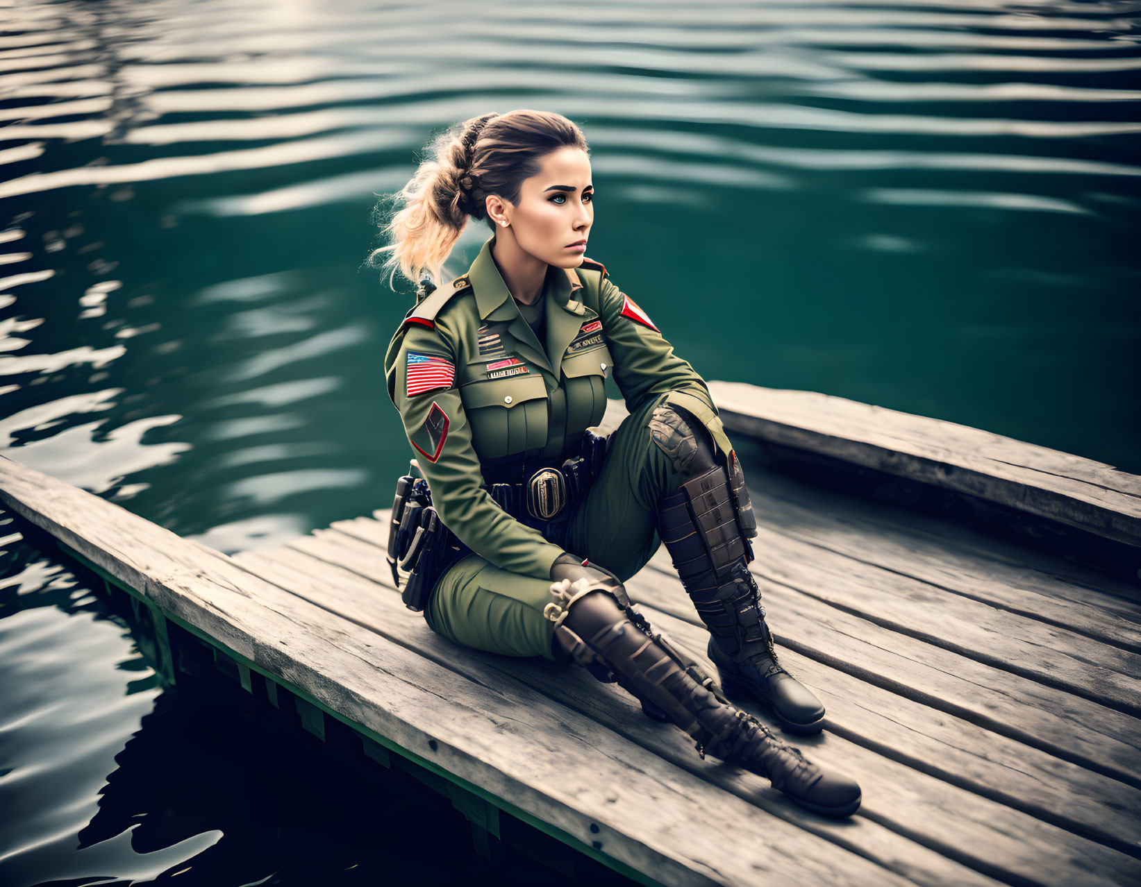 Pensive woman in military-style uniform on wooden dock