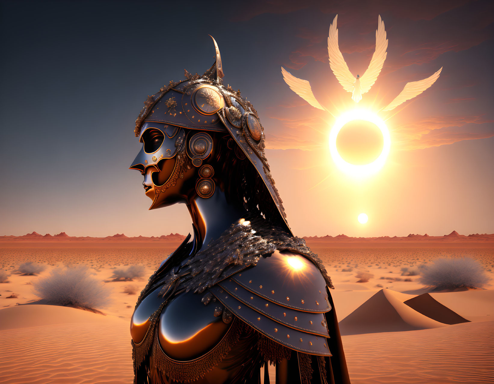 Futuristic female warrior in ornate armor in desert with dual-sun sky