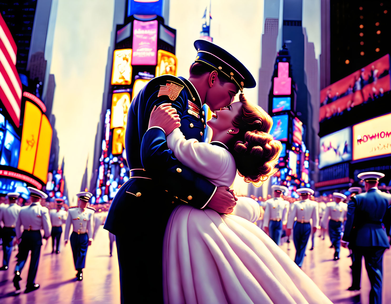 Illustration of sailor and woman kissing in Times Square with billboards and crowd.