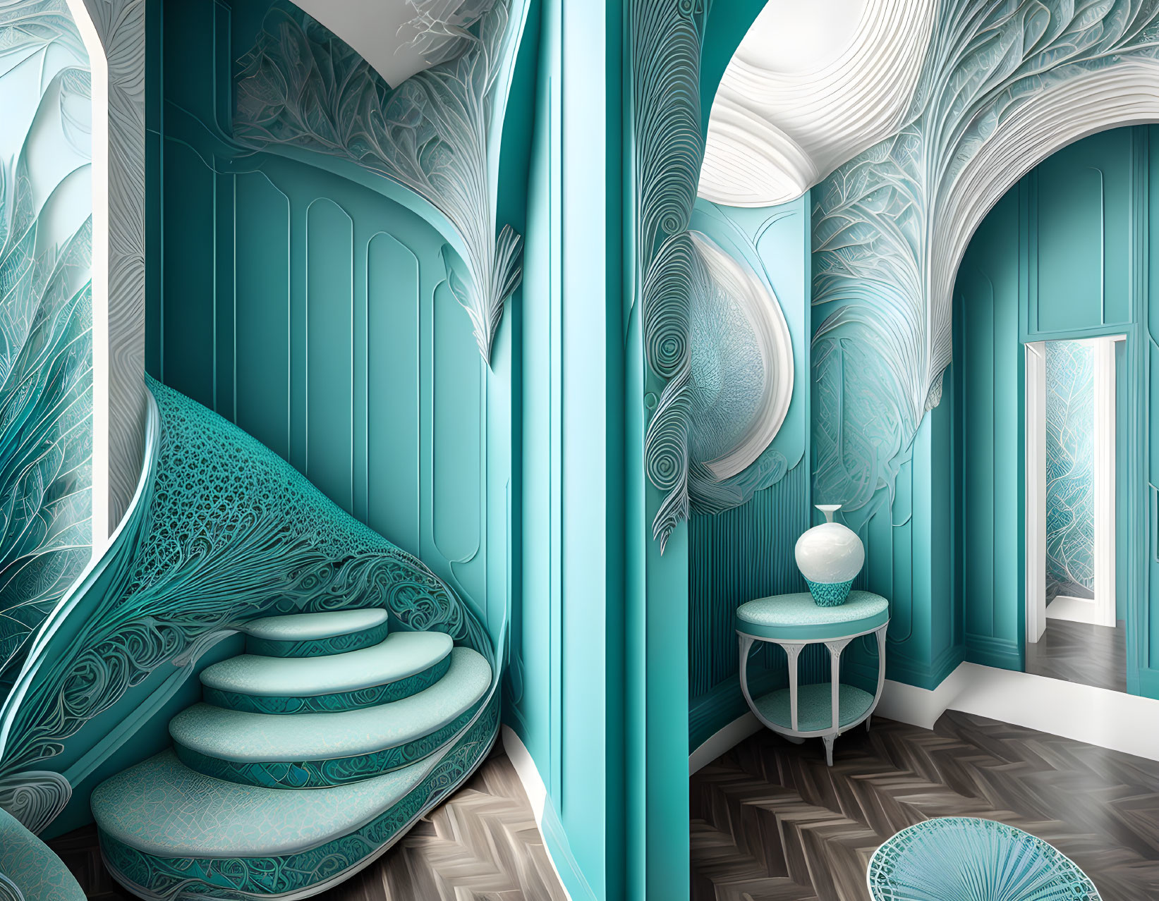 Luxurious Turquoise Room with Spiral Staircase & Peacock Motifs