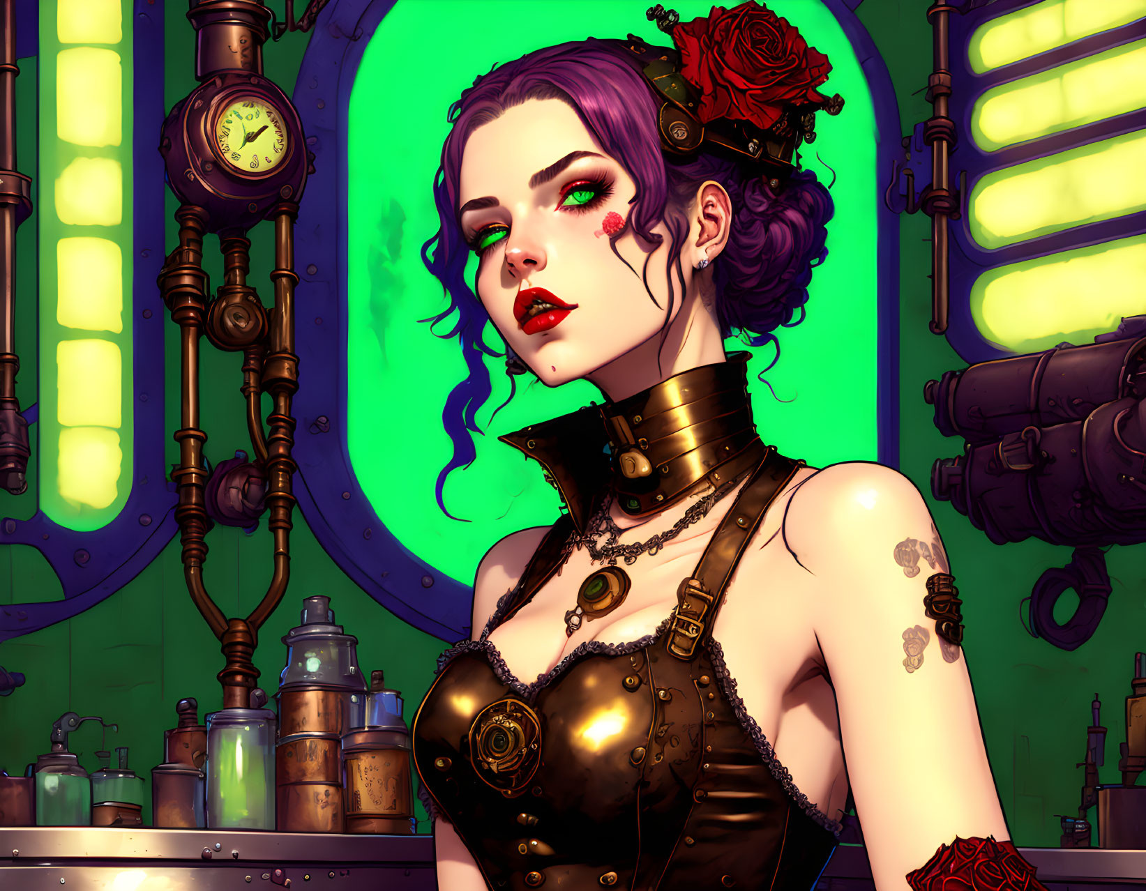 Gothic woman with purple hair and tattoos in steampunk-themed room