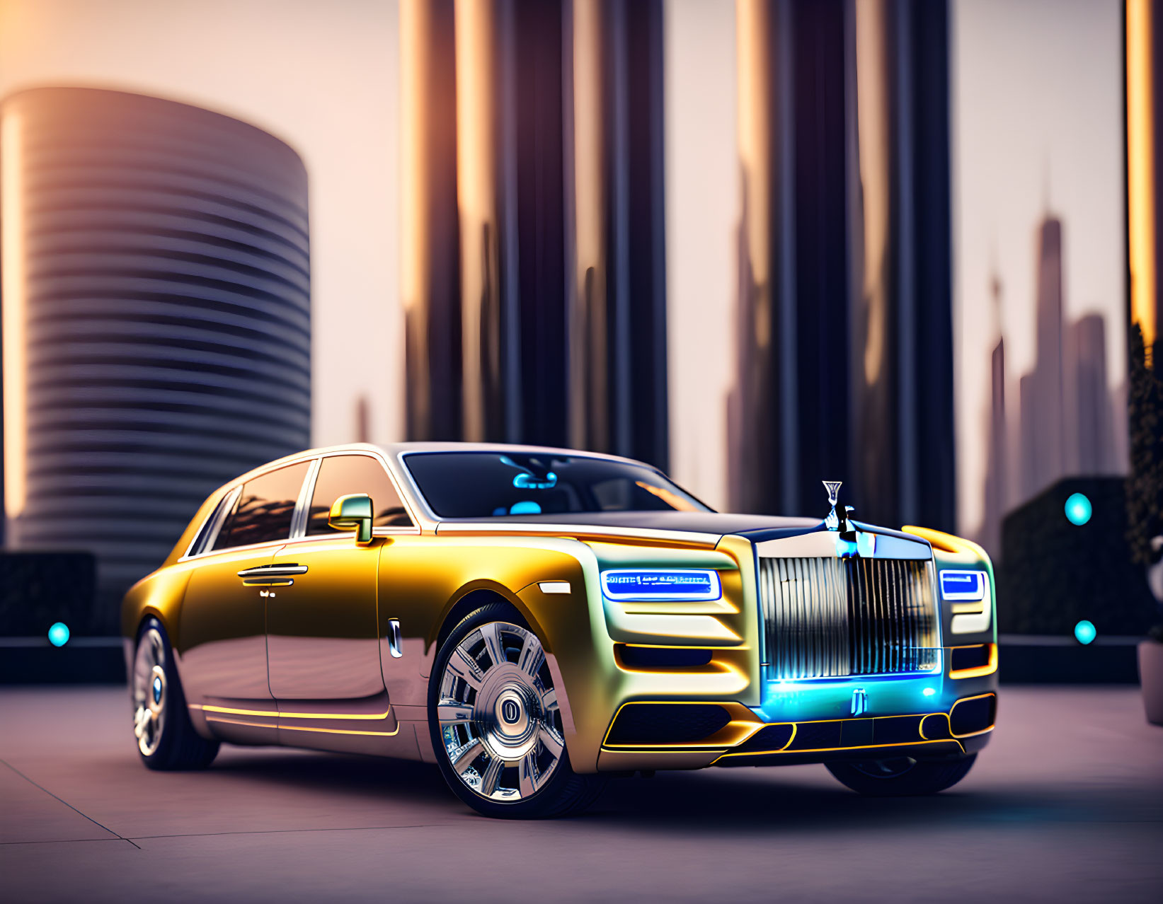 Luxurious Gold and Blue Two-Tone Rolls-Royce in Front of Futuristic Cityscape at