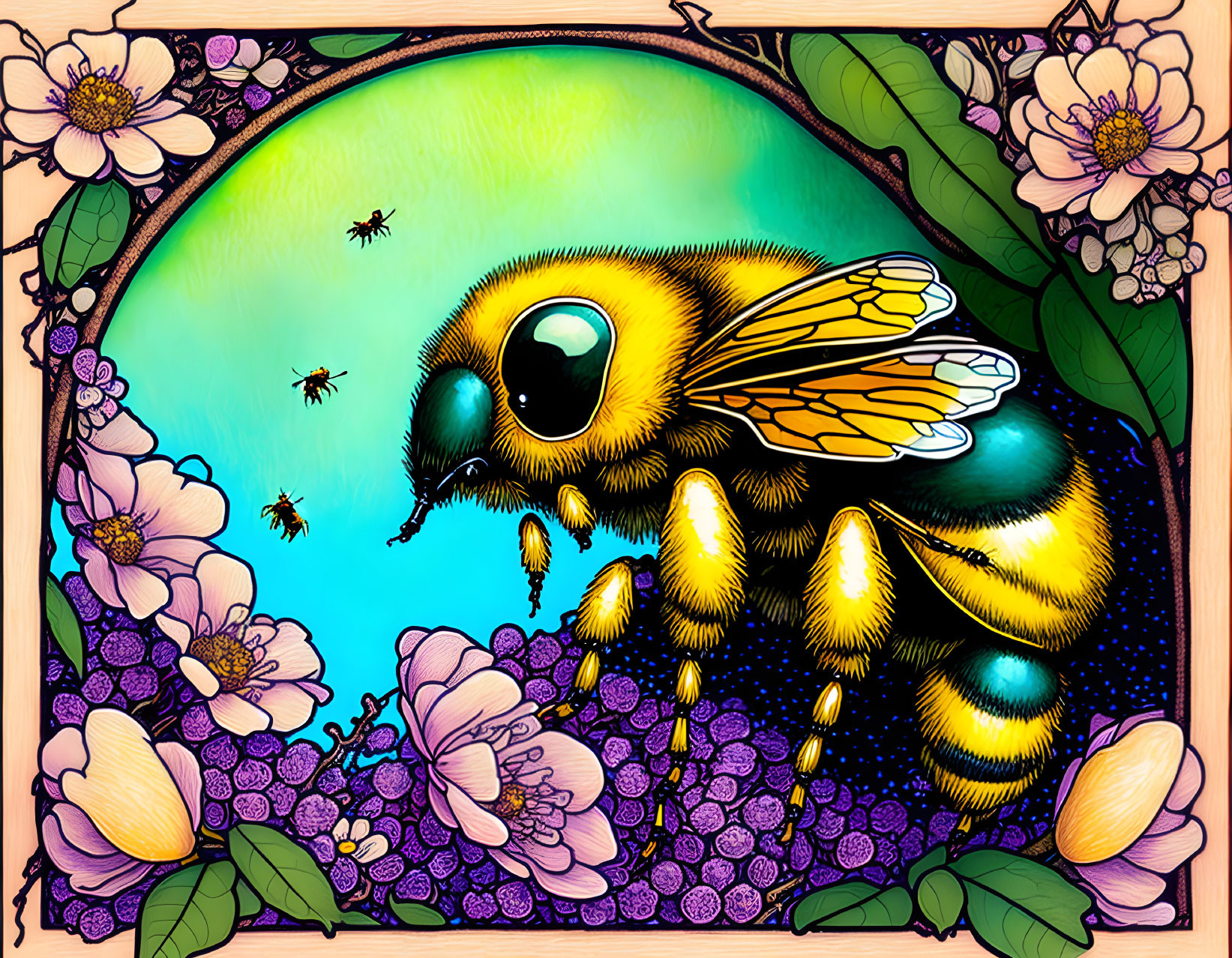 Vibrant illustration of large bee with intricate wings and pink flowers on yellow-green backdrop