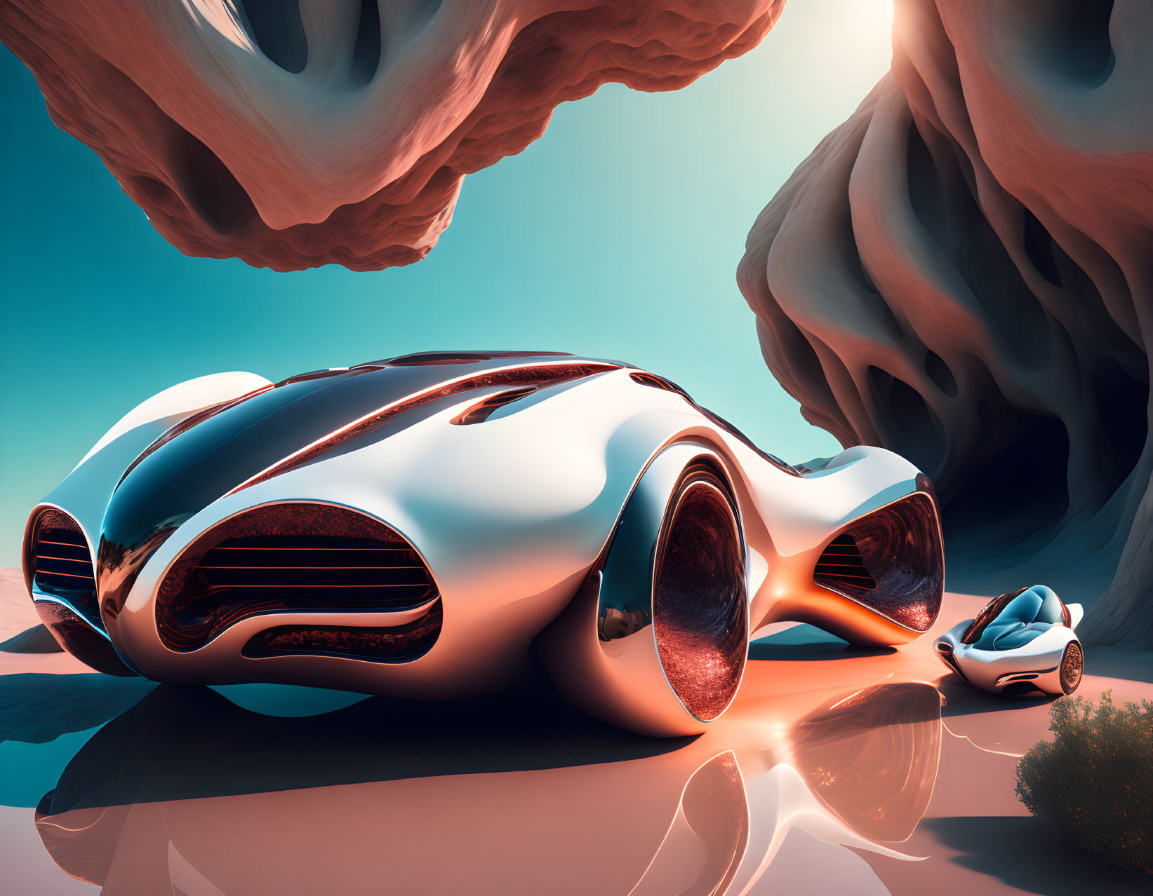 Sleek Futuristic Cars on Reflective Surface with Abstract Rock Formations