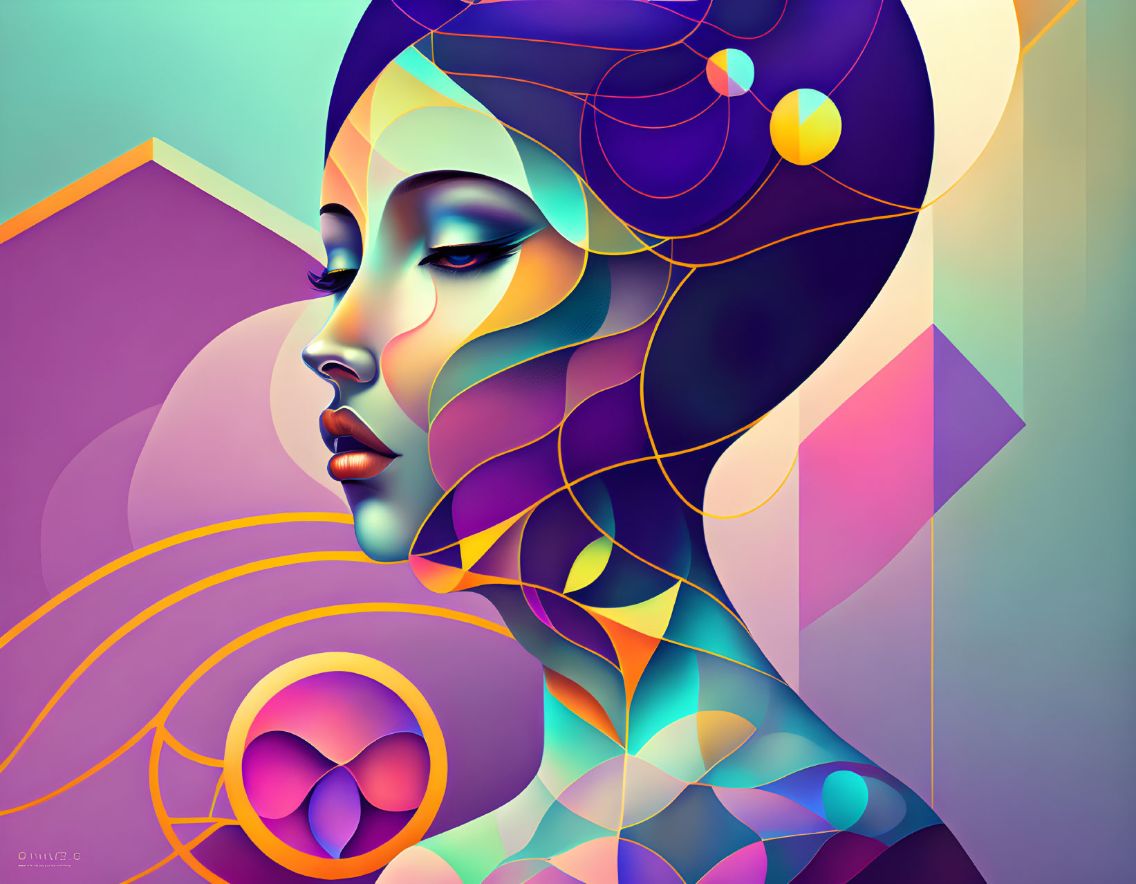 Vibrant digital artwork: Woman's profile with geometric shapes & swirling lines