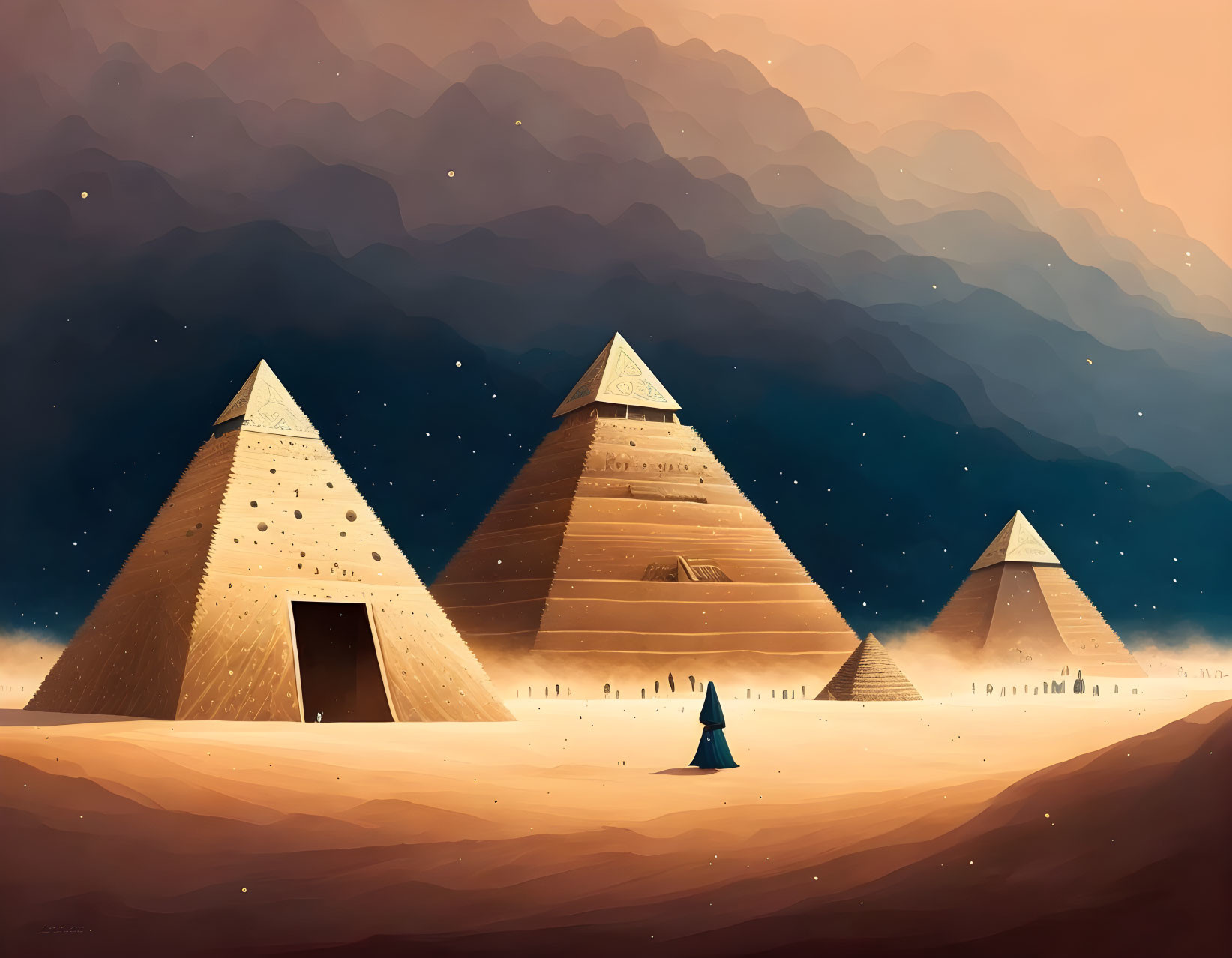 Illustration of Egyptian pyramids at dusk with figure in traditional garb.