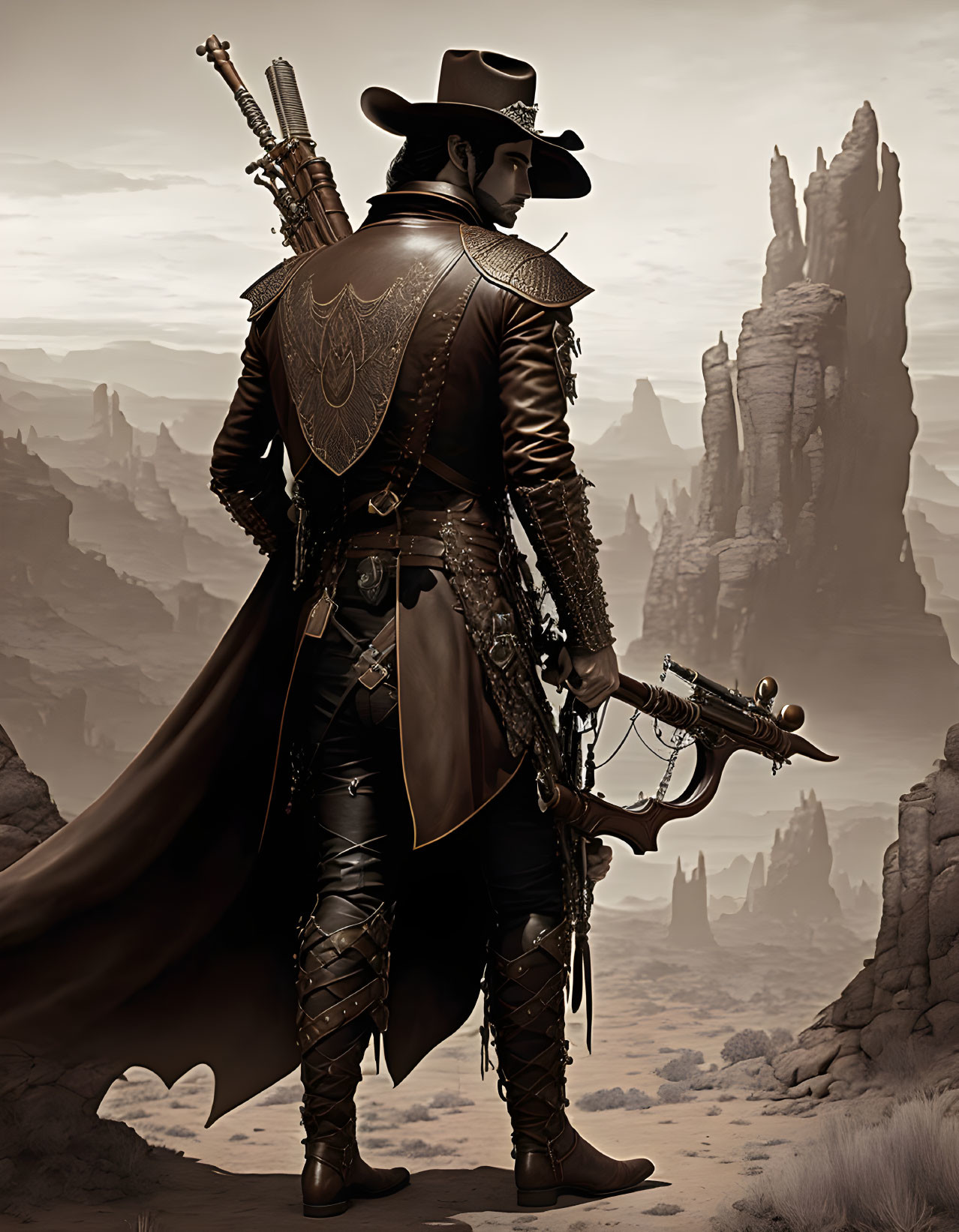 Brooding gunslinger in leather outfit and cape with rifles in desert setting