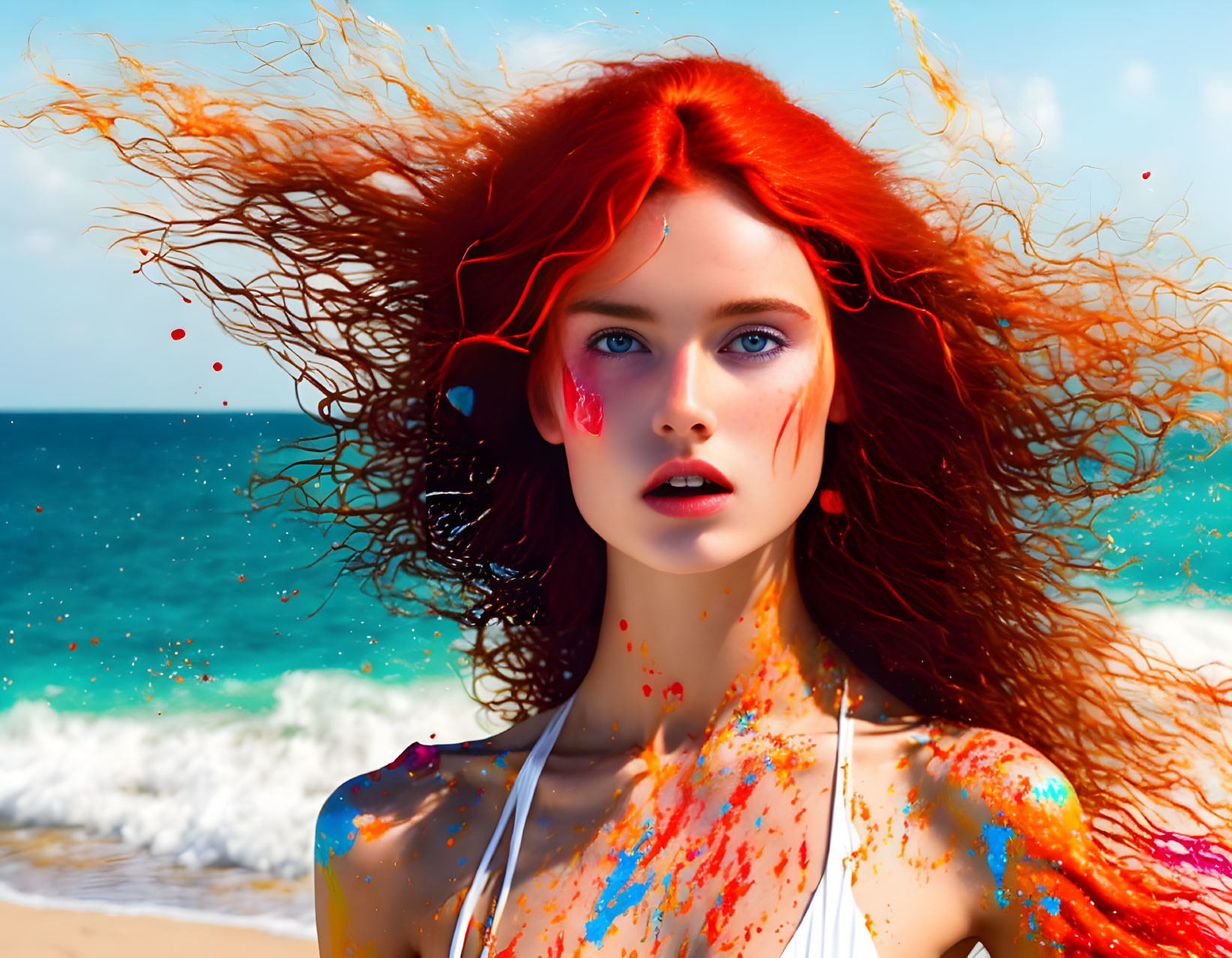 Vibrant red-haired woman with paint splashes on beach