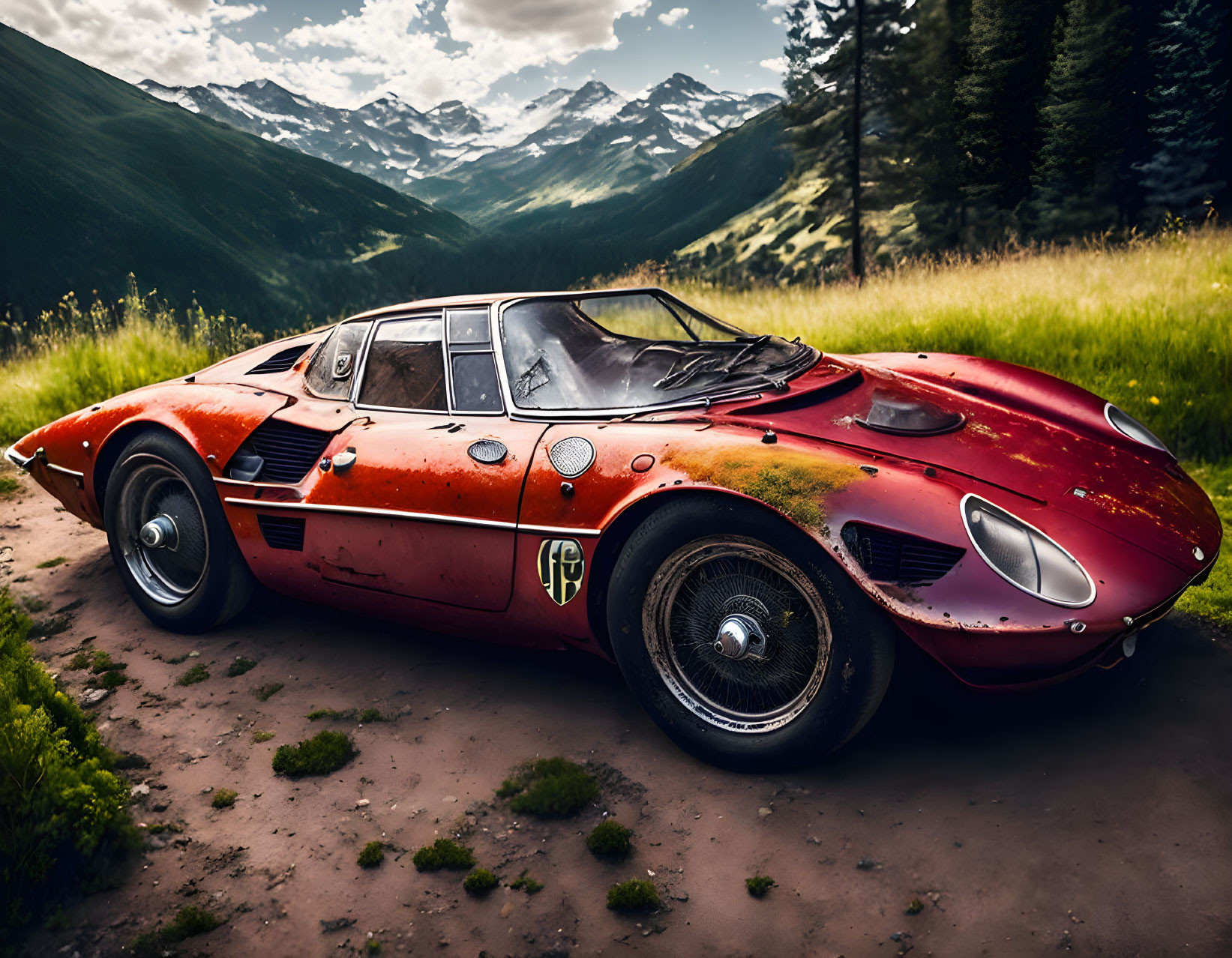 Vintage Red Sports Car with Racing Numbers on Dusty Road Amid Green Mountains